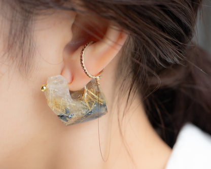 Rock Pierced Earring - Golden Rutilated Quartz -