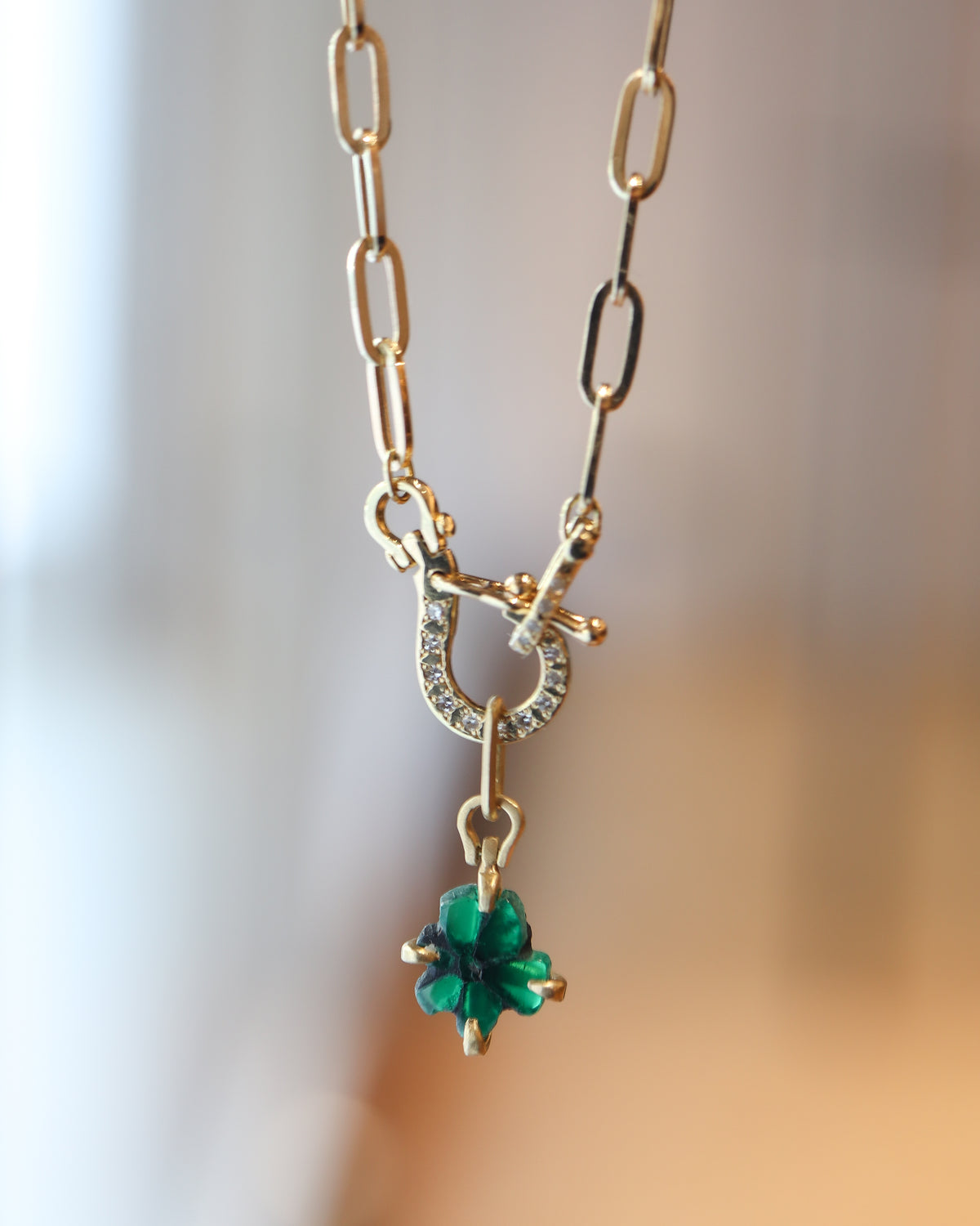 Horse Shoe Prong Necklace - Trapiche Emerald -