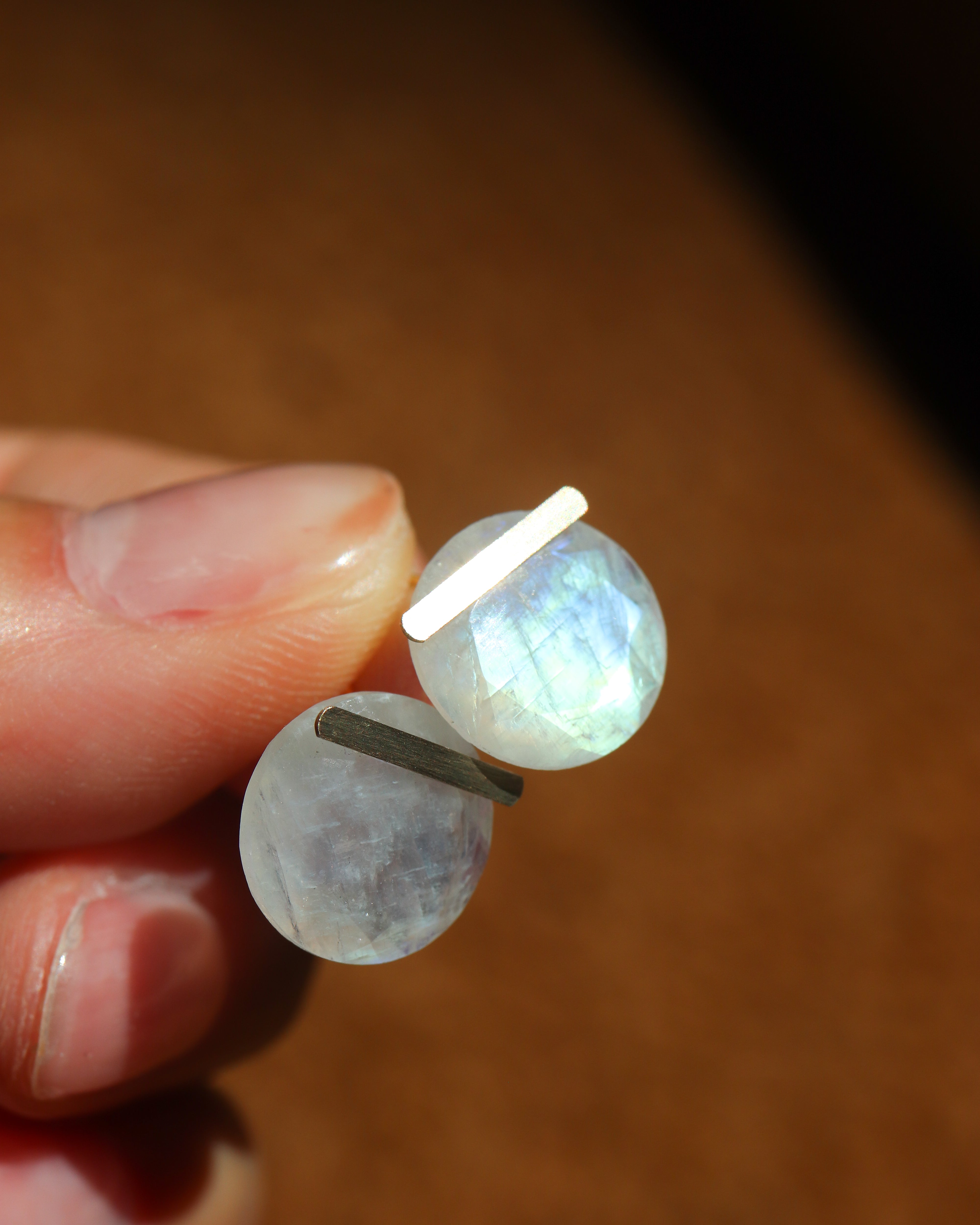 Bar stone Pierced Earring - Rainbow Moon Stone -