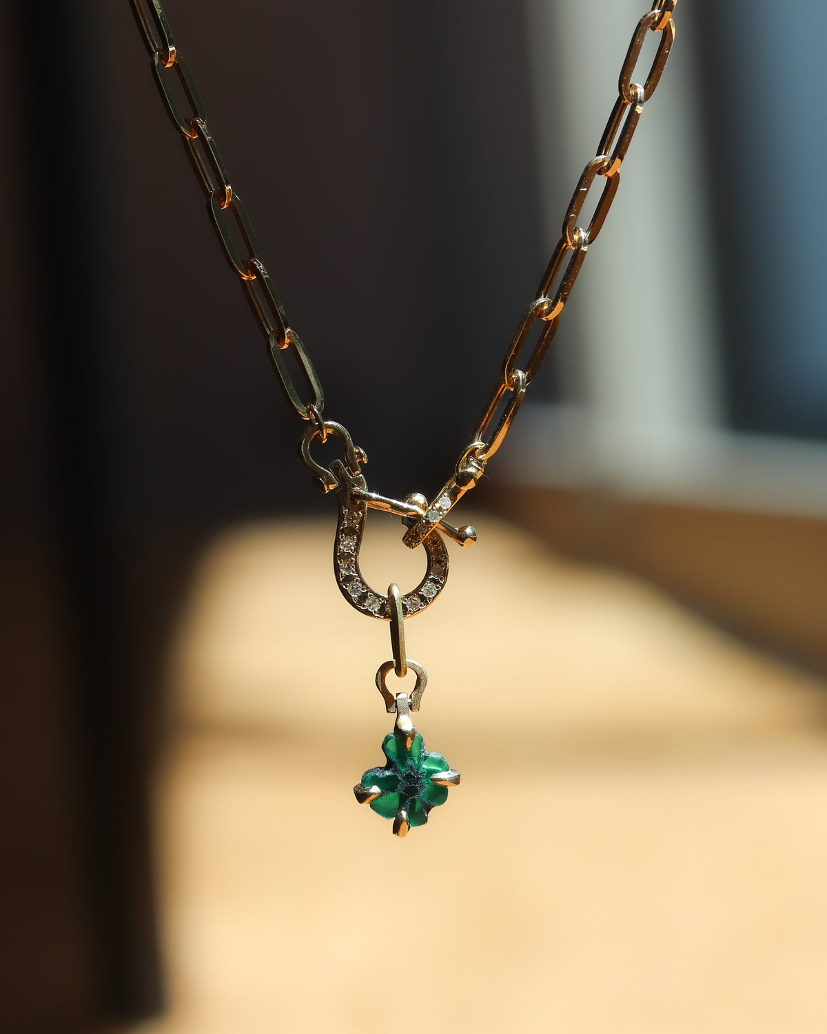 Horse Shoe Prong Necklace - Trapiche Emerald -