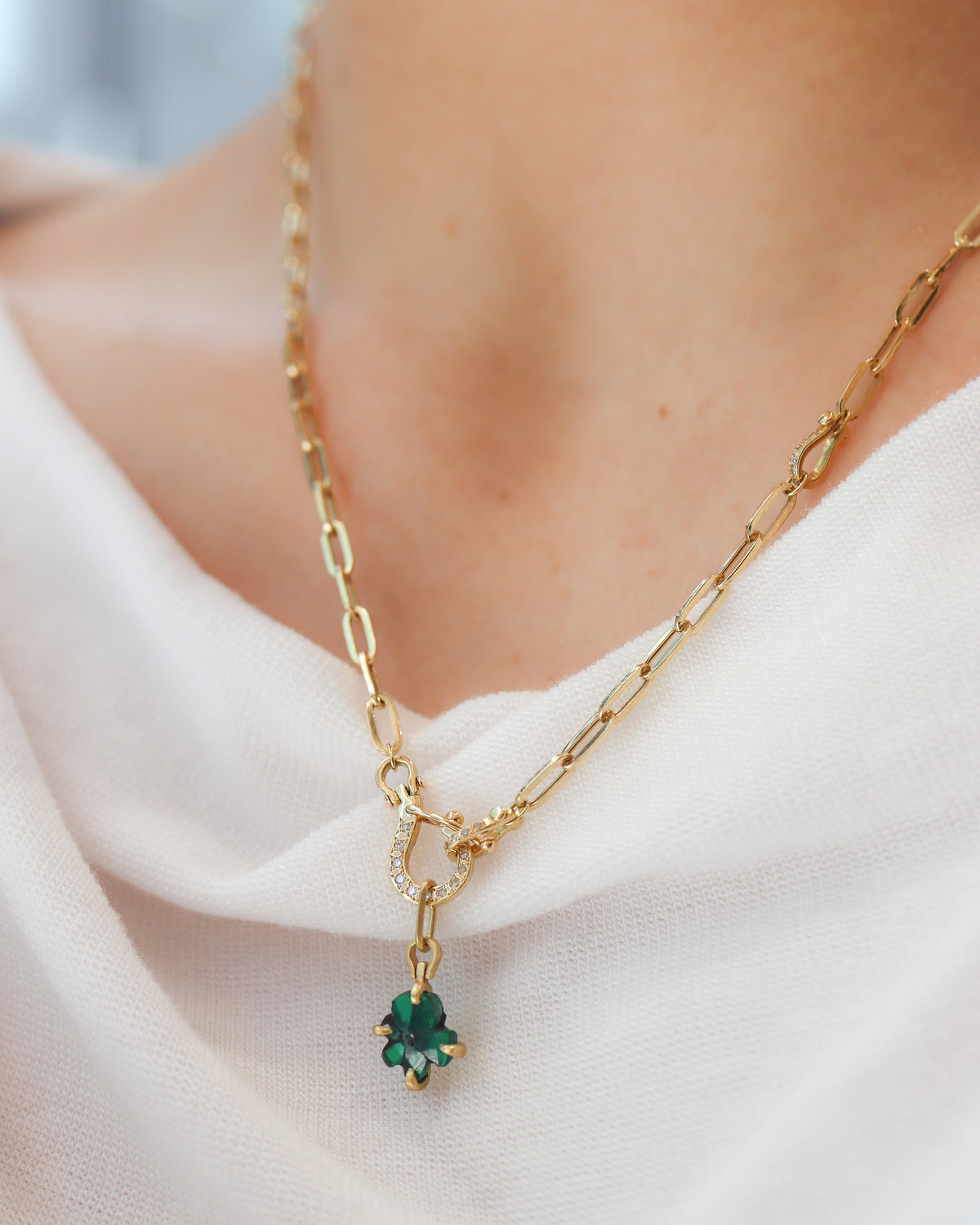 Horse Shoe Prong Necklace - Trapiche Emerald -
