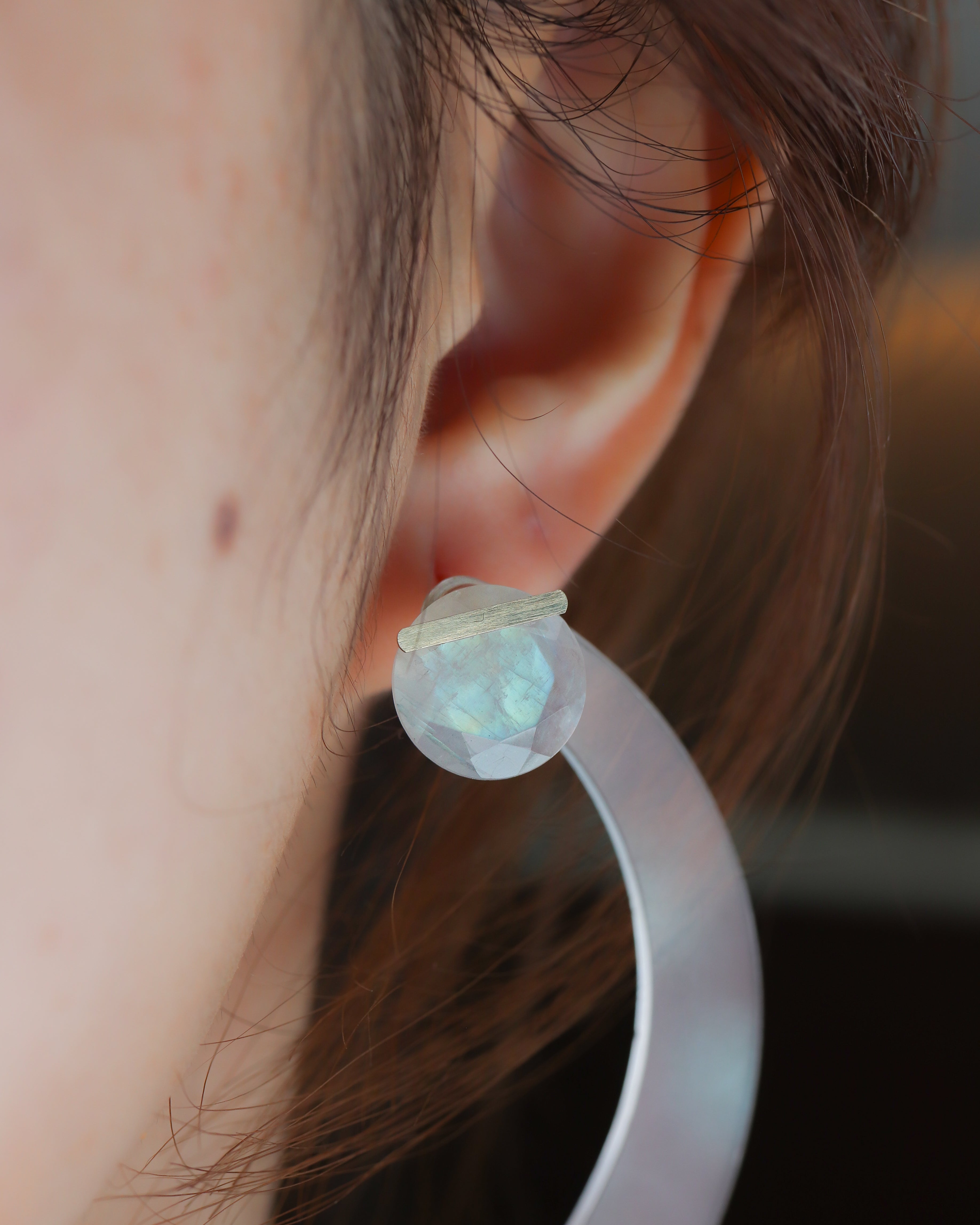 Bar stone Pierced Earring - Rainbow Moon Stone -