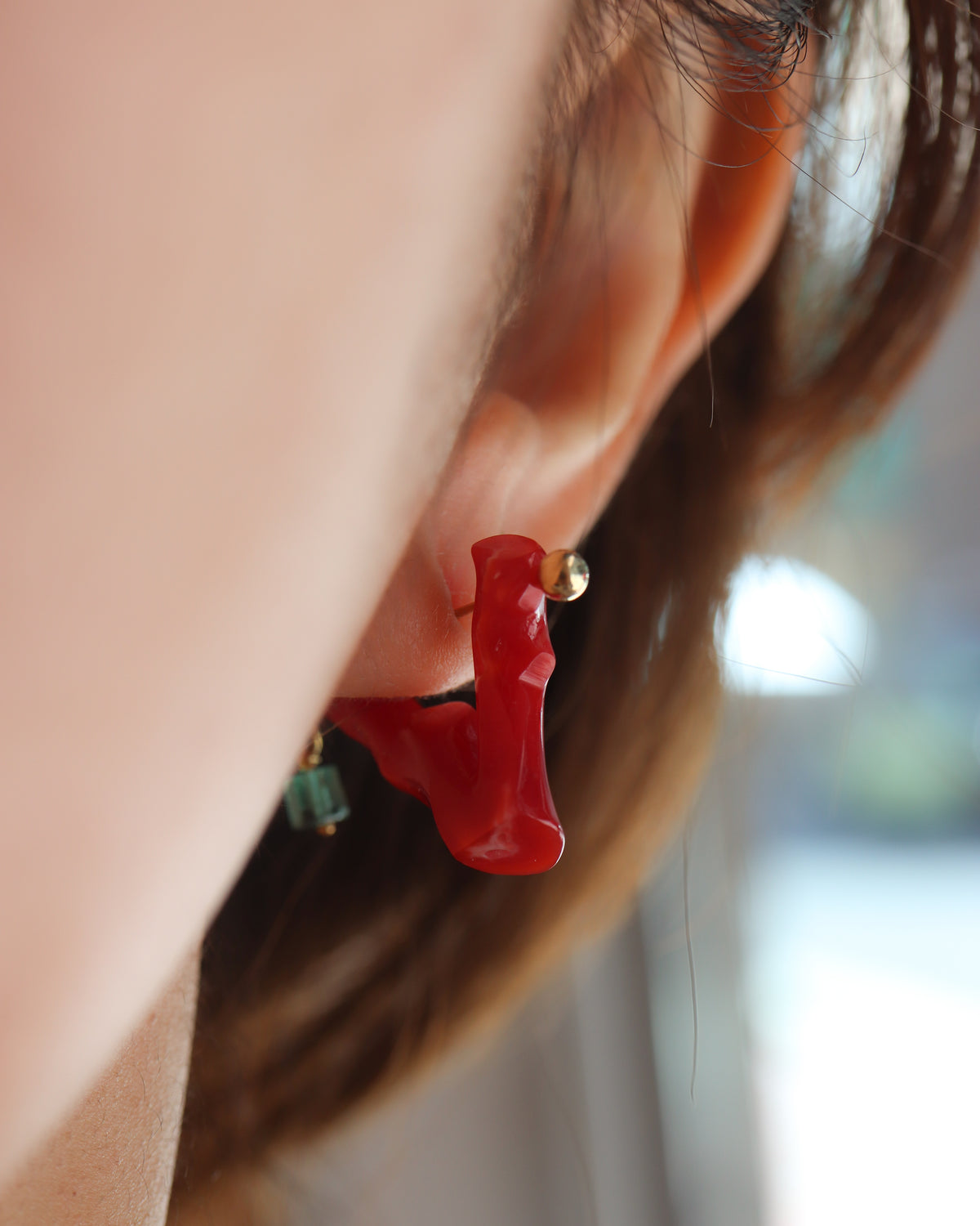 Rock Pierced Earring - Coral / Emerald -