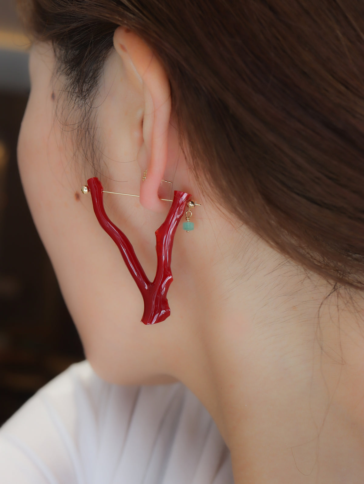 Rock Pierced Earring - Coral / Emerald -