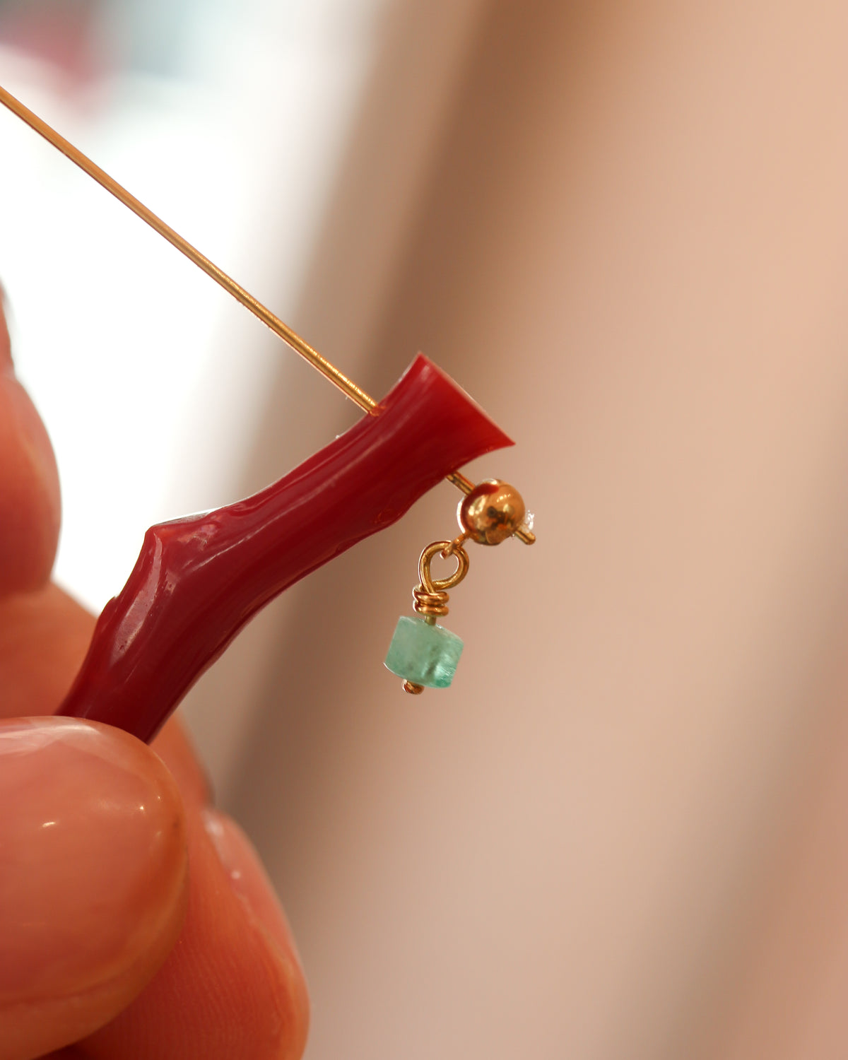 Rock Pierced Earring - Coral / Emerald -