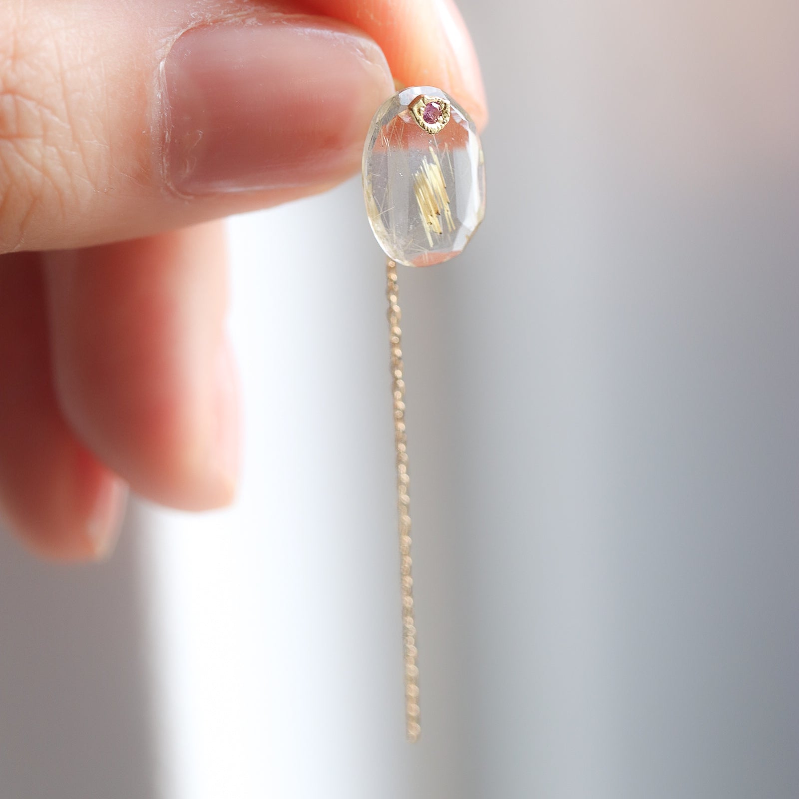 Flat Pierced Earring - Golden Rutilated Quartz -