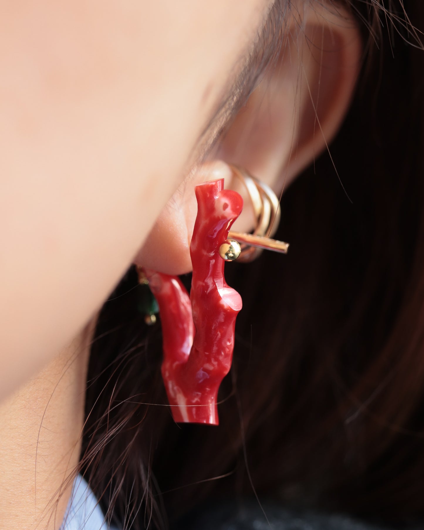 Rock Pierced Earring - Coral / Emerald -