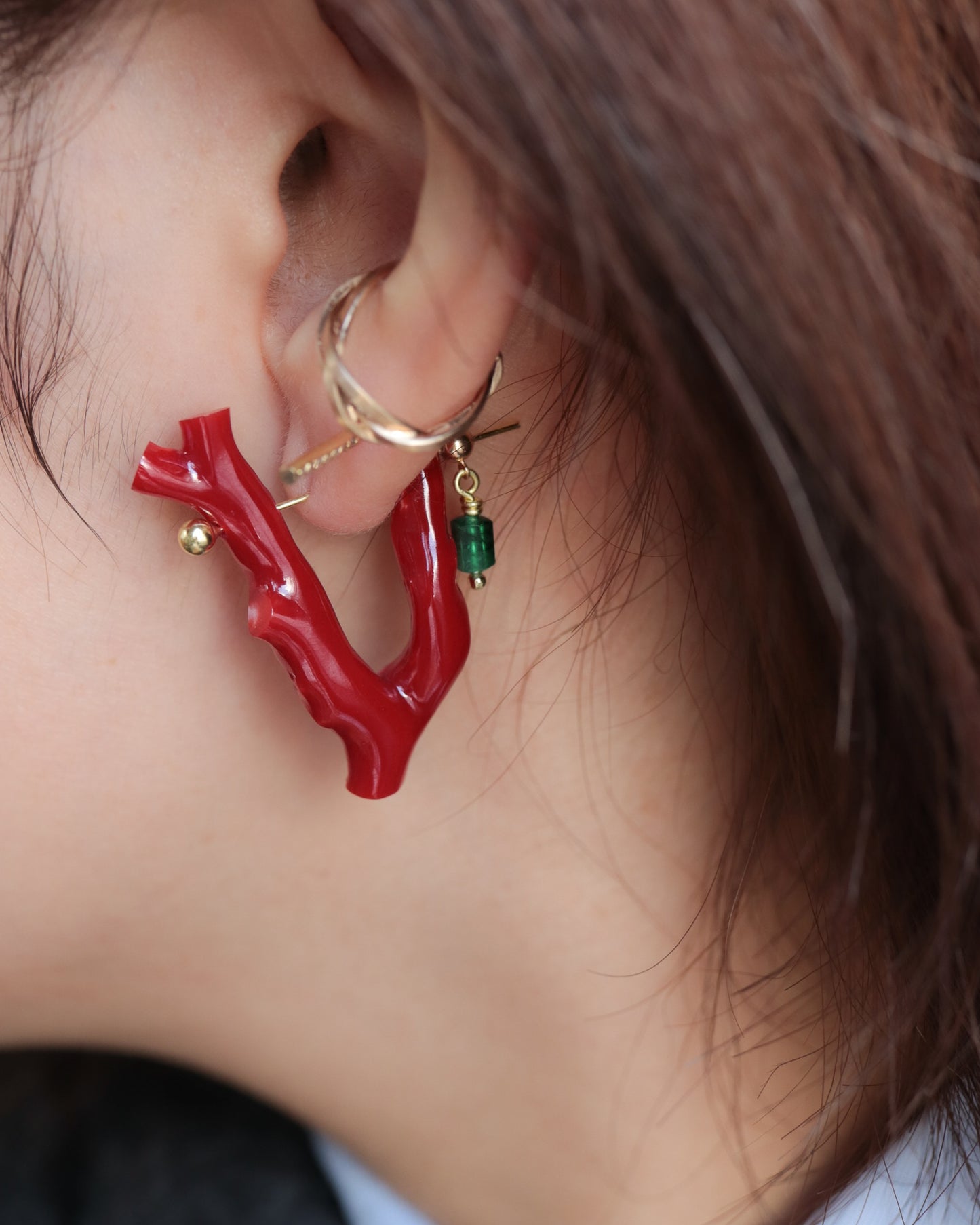 Rock Pierced Earring - Coral / Emerald -