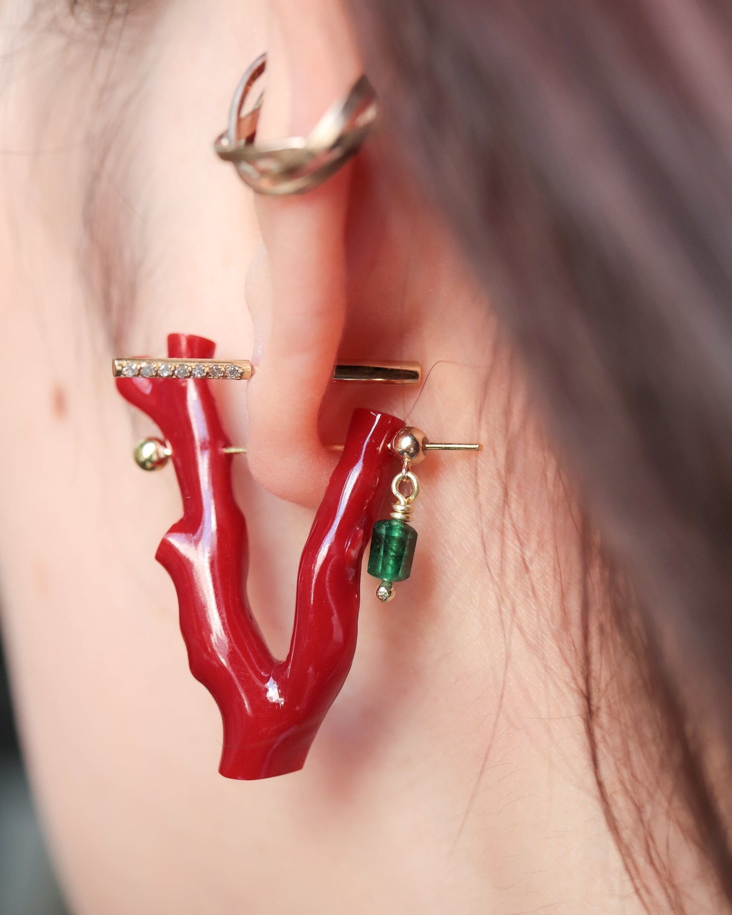 Rock Pierced Earring - Coral / Emerald -