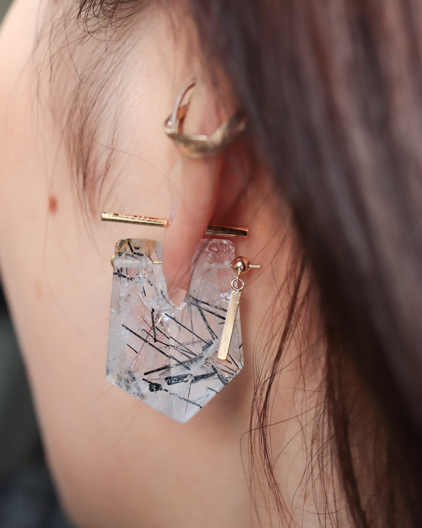 Rock Pierced Earring - Tourmalinated Quartz -