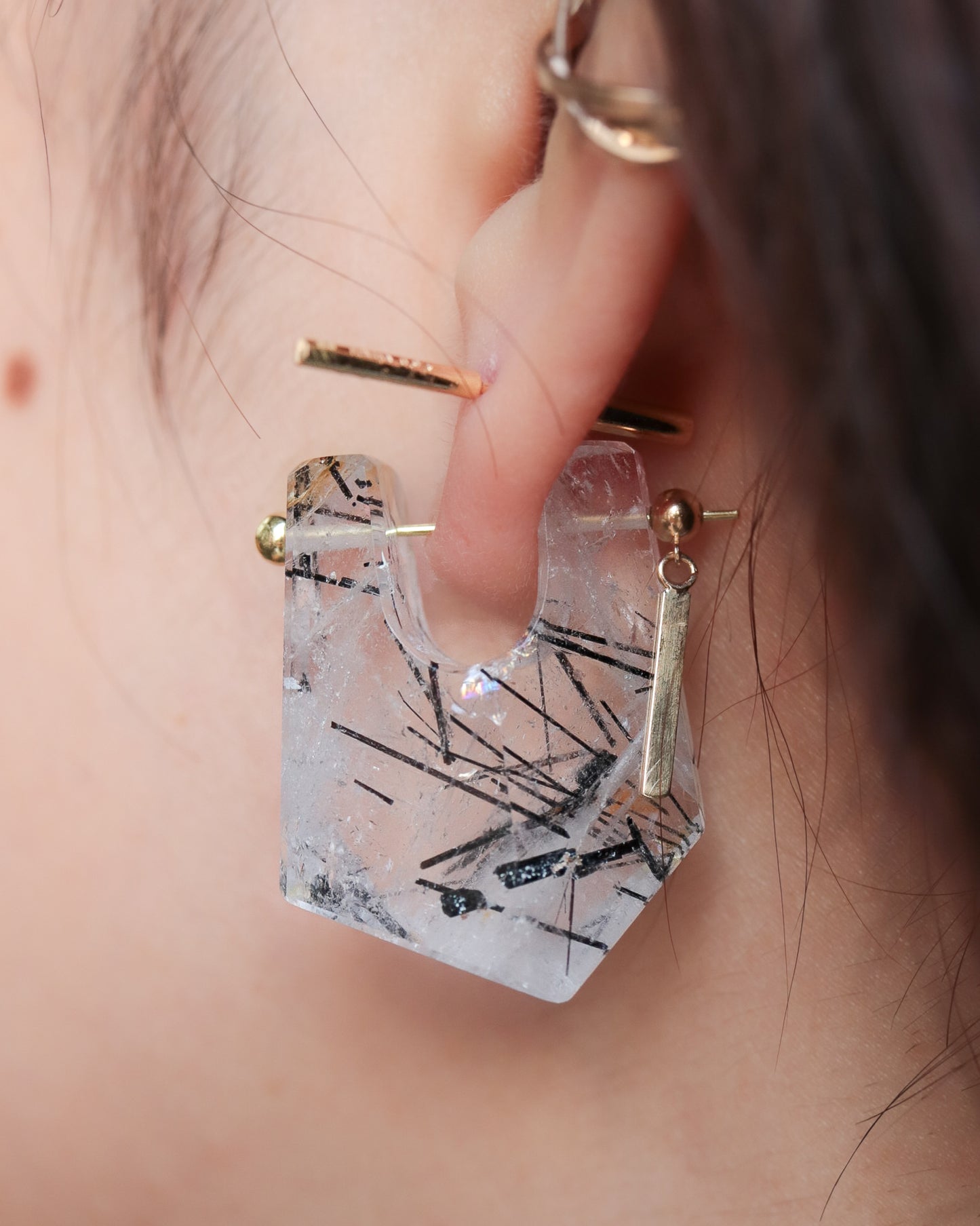 Rock Pierced Earring - Tourmalinated Quartz -