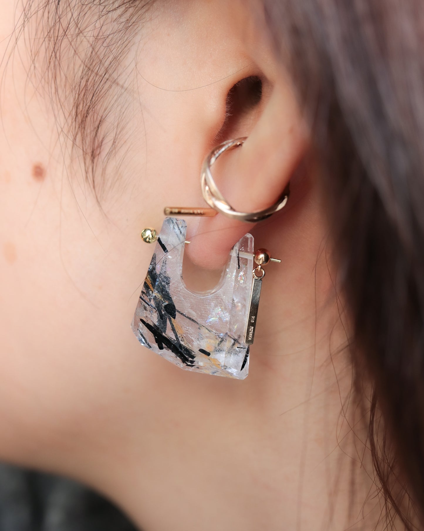 Rock Pierced Earring - Tourmalinated Quartz -