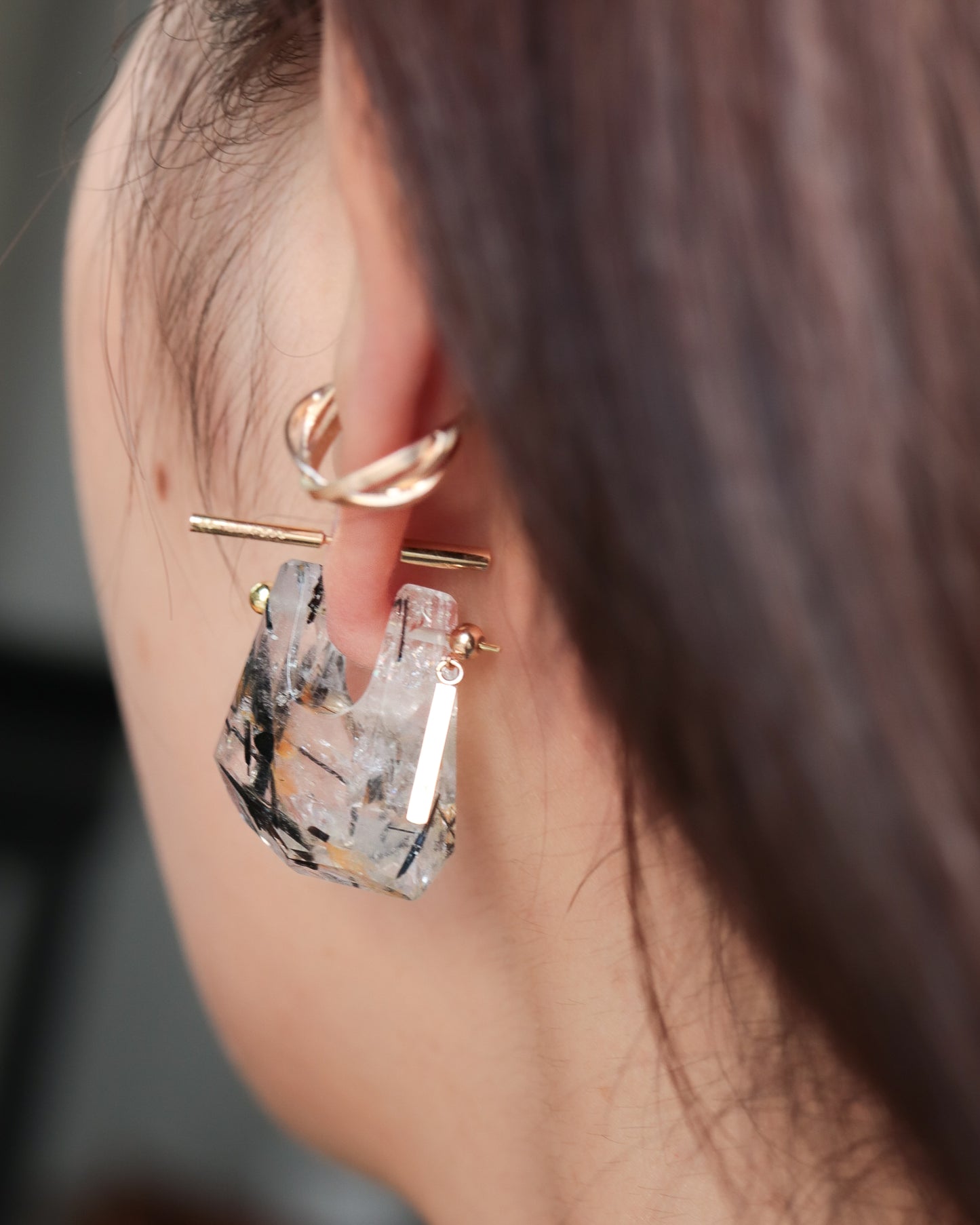 Rock Pierced Earring - Tourmalinated Quartz -