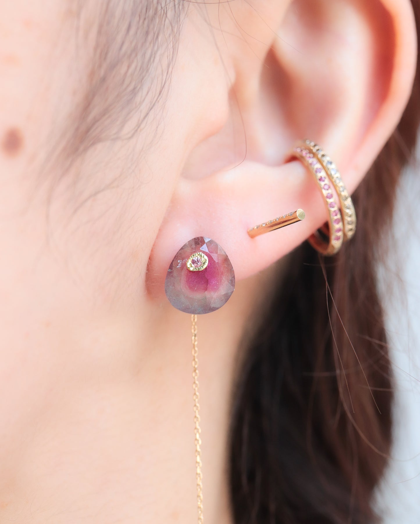 Flat Pierced Earring - Bicolor Tourmaline -