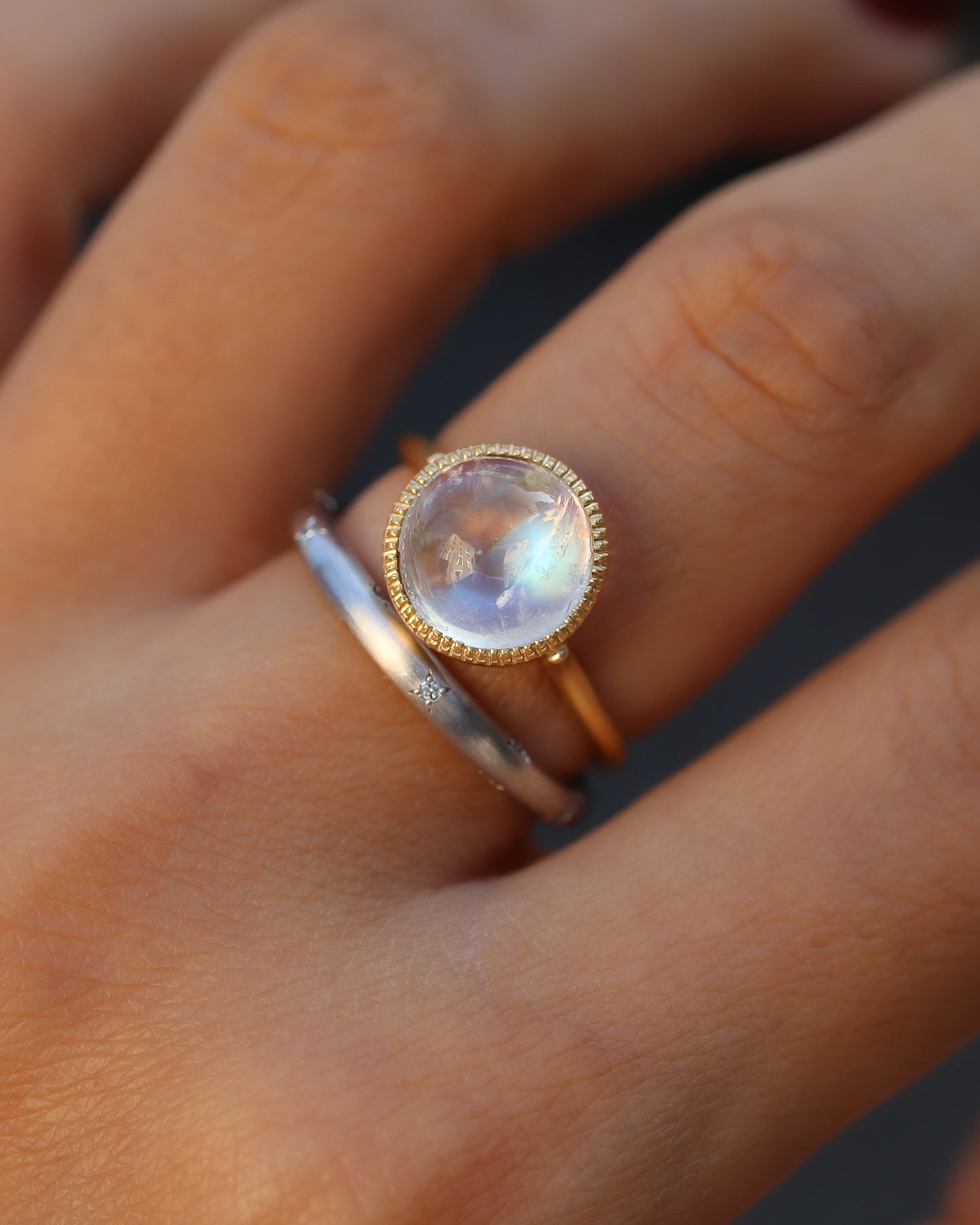 Milgrain Ring - Rainbow Moonstone -