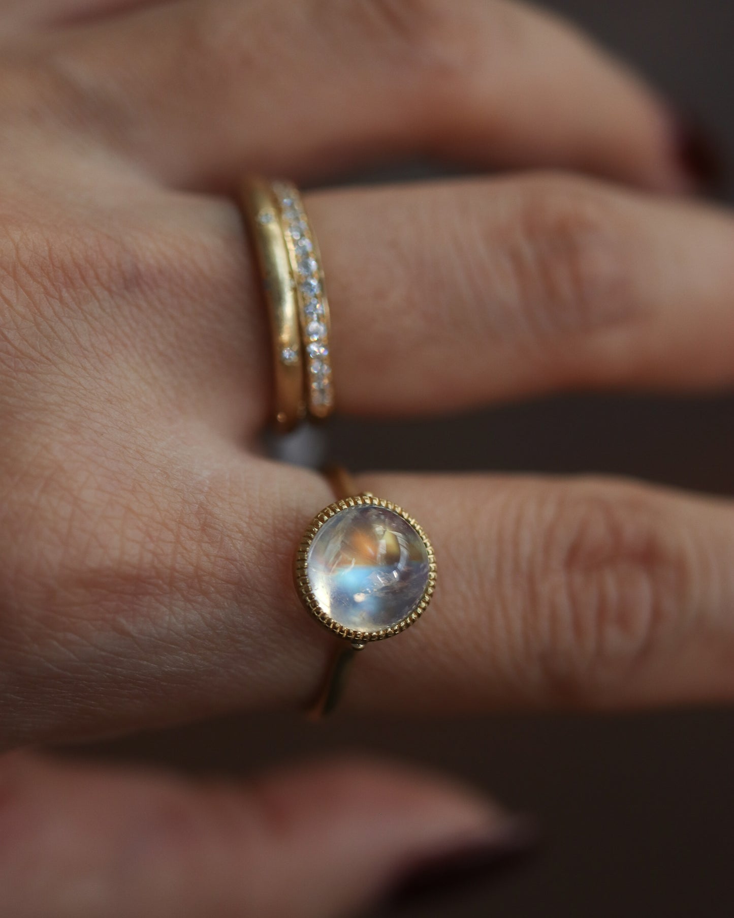 Milgrain Ring - Rainbow Moonstone -