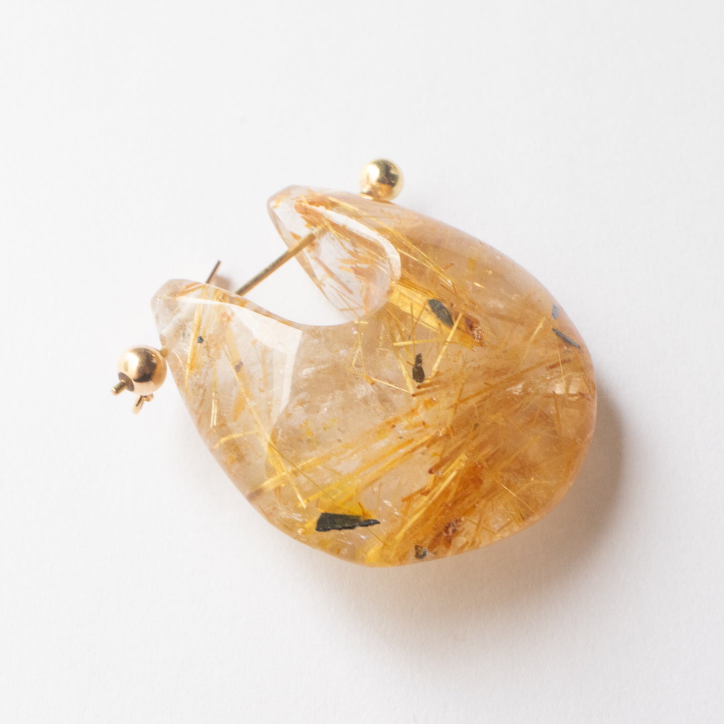 Rock Pierced Earring - Golden Rutilated Quartz -