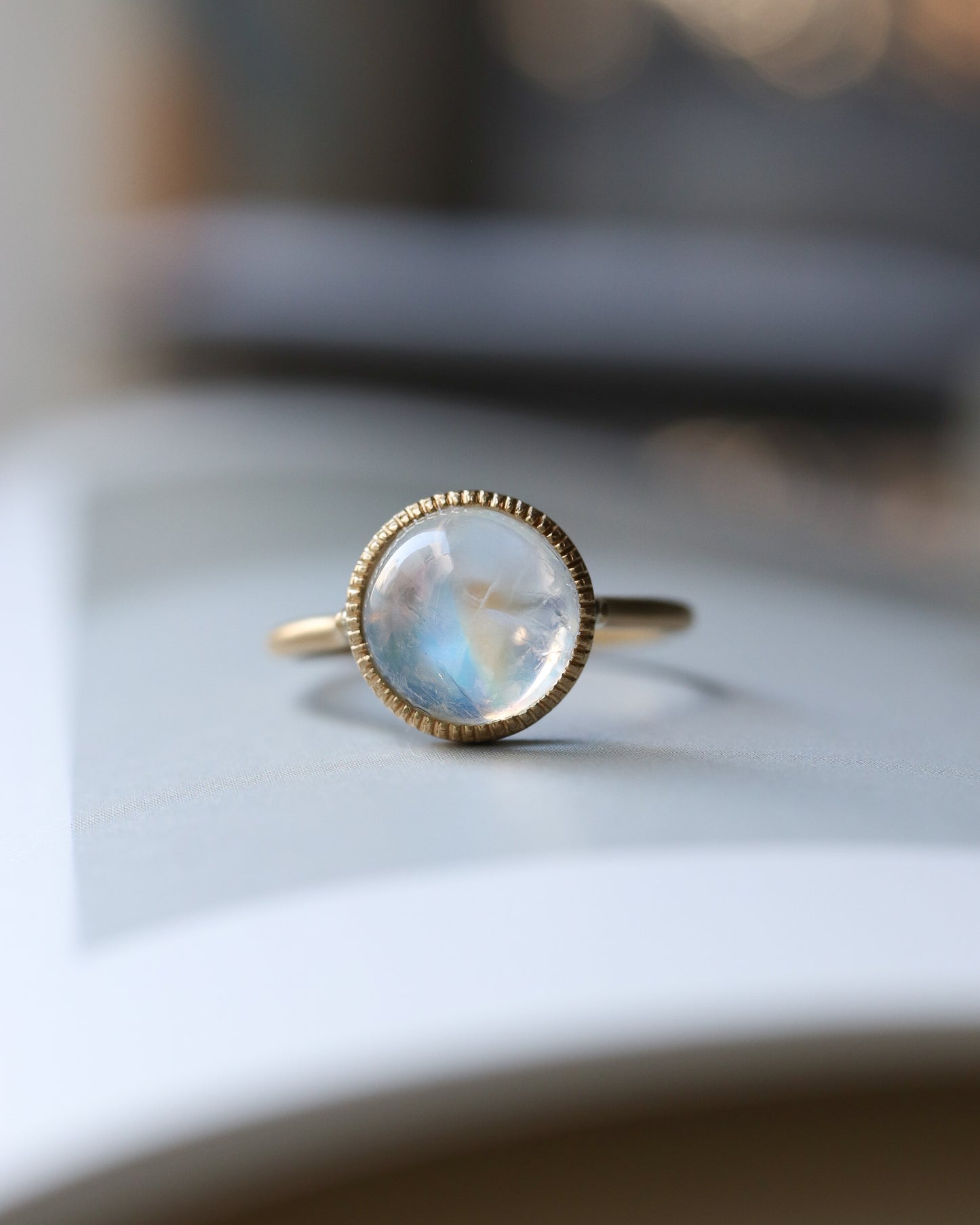 Milgrain Ring - Rainbow Moonstone -