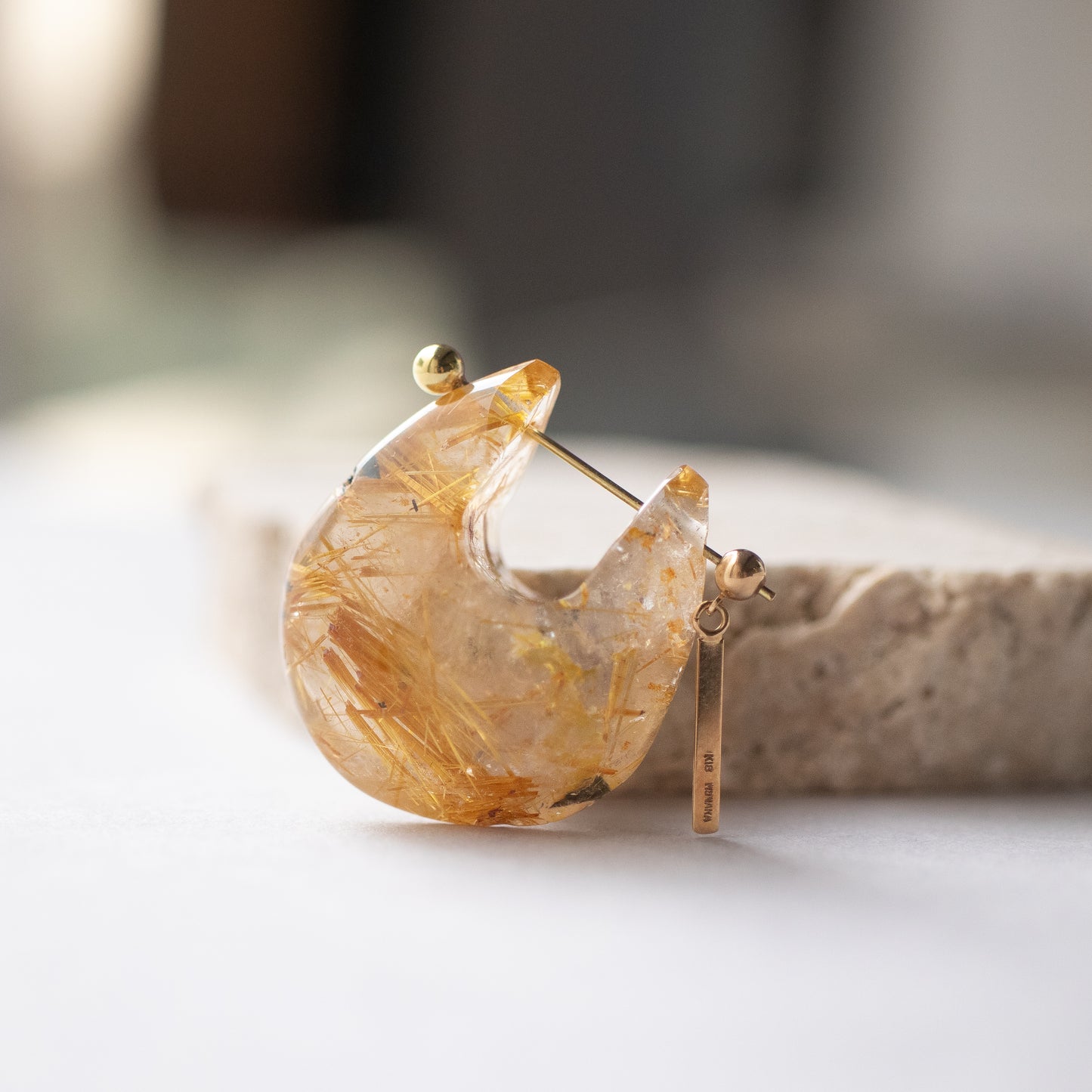 Rock Pierced Earring - Golden Rutilated Quartz -