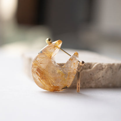 Rock Pierced Earring - Golden Rutilated Quartz -