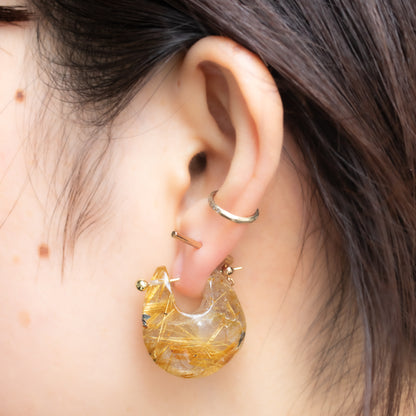 Rock Pierced Earring - Golden Rutilated Quartz -
