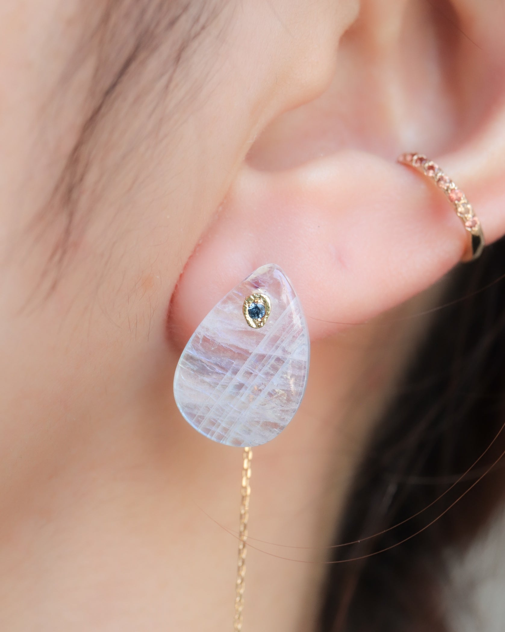 Flat Pierced Earring - Rainbow Moon Stone -
