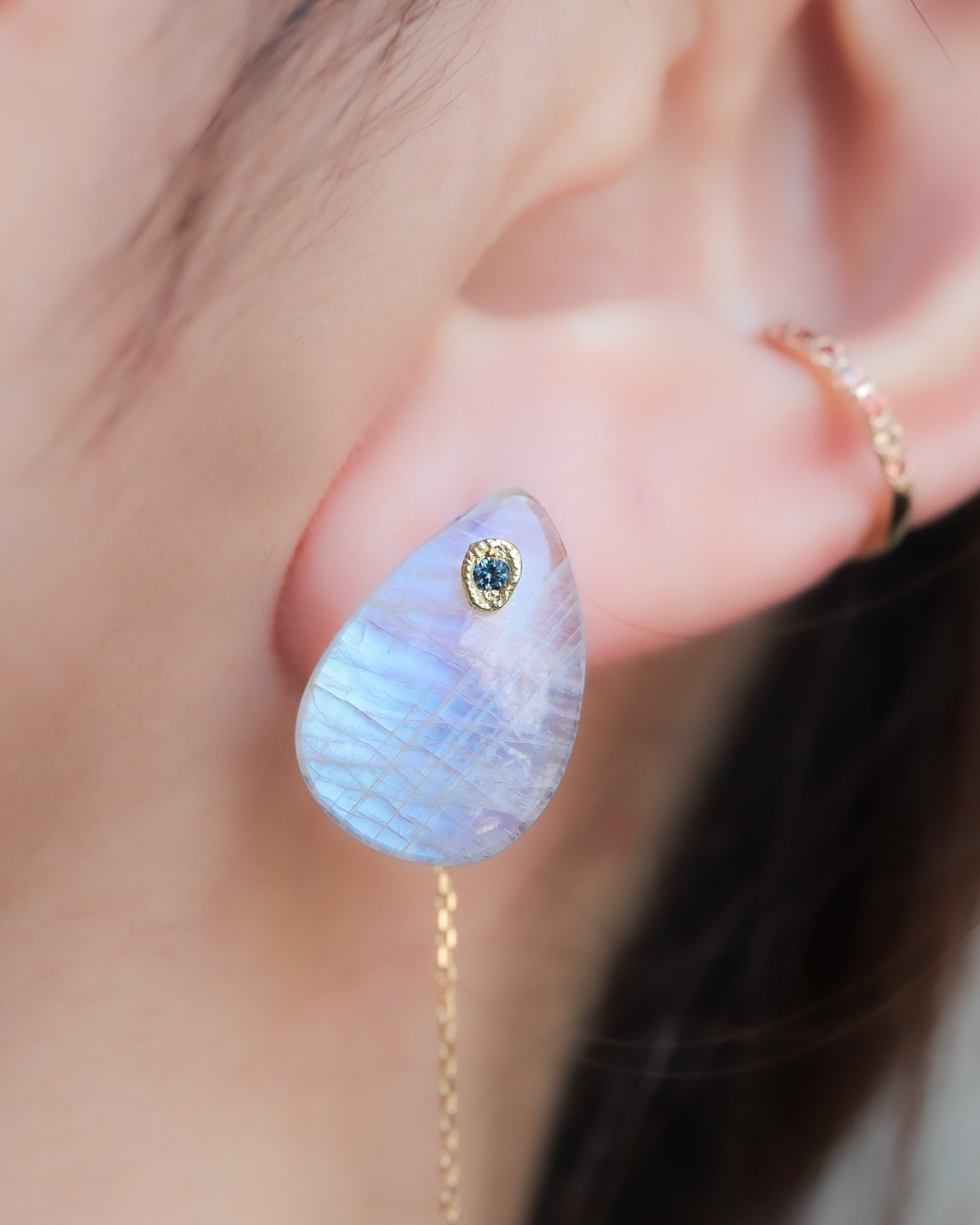 Flat Pierced Earring - Rainbow Moon Stone -
