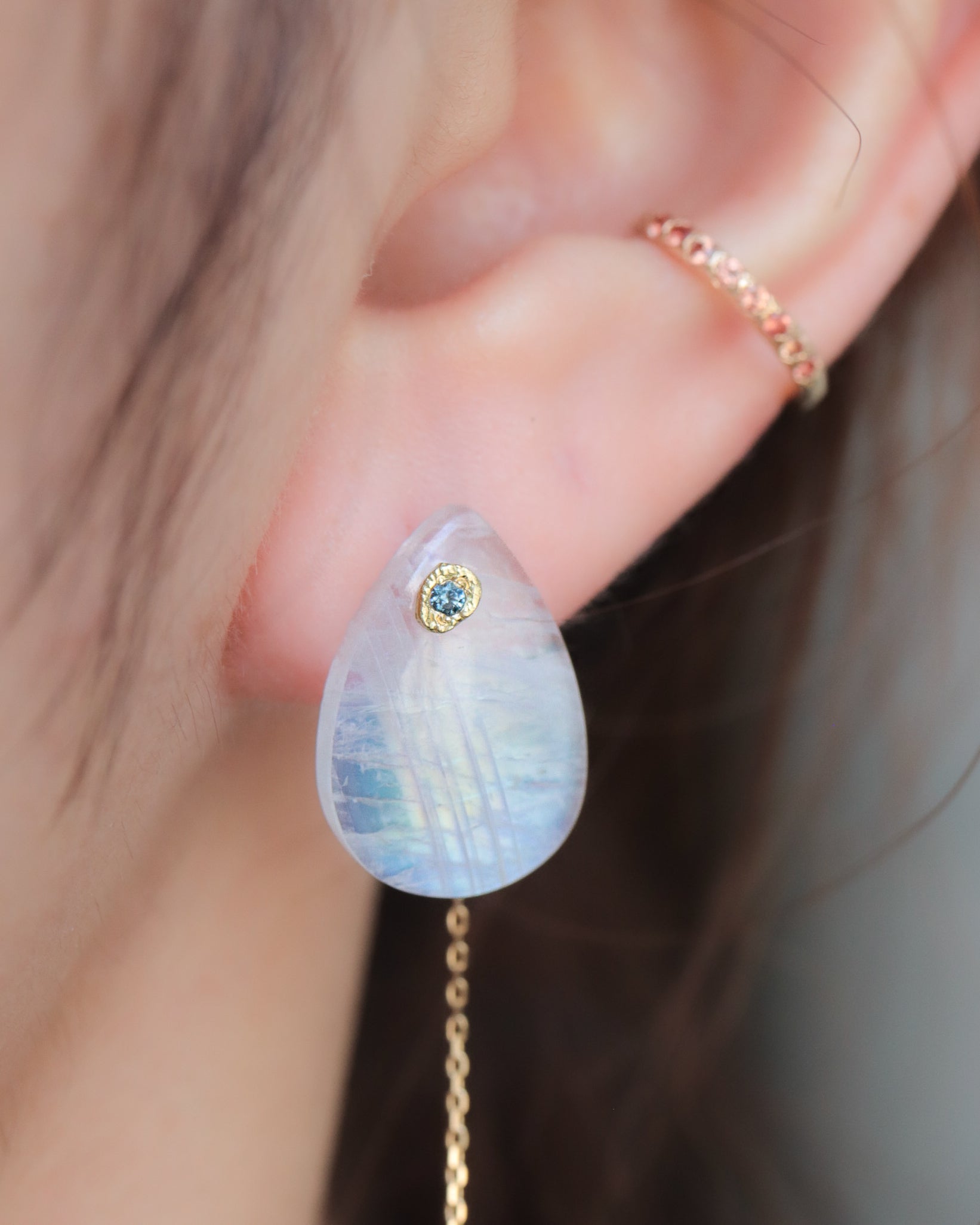 Flat Pierced Earrings - Rainbow Moon Stone -