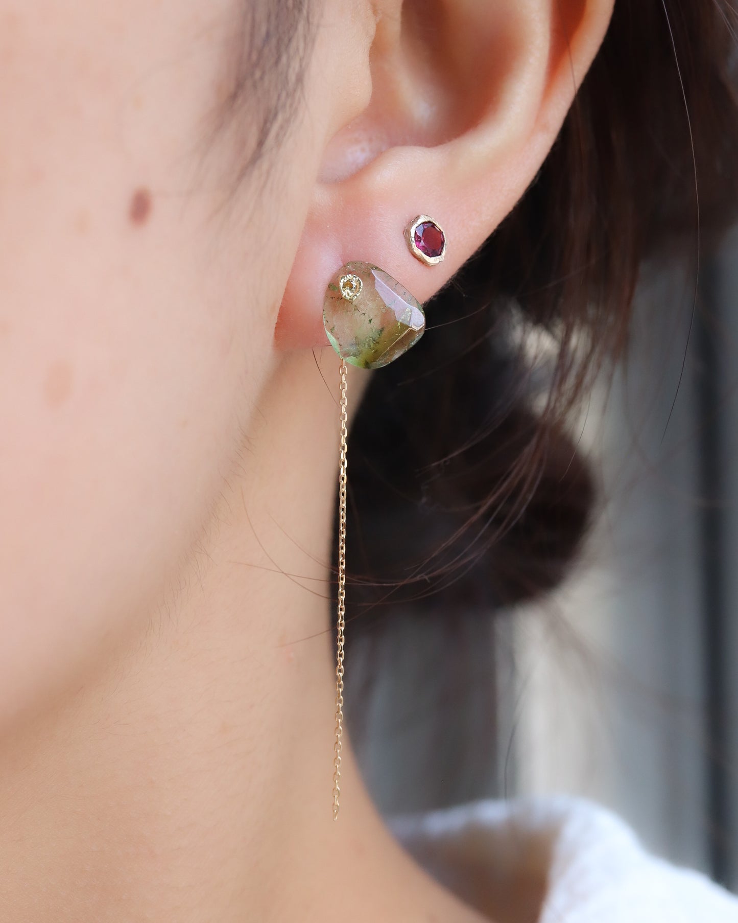 Flat Pierced Earrings - Bicolor Tourmaline -