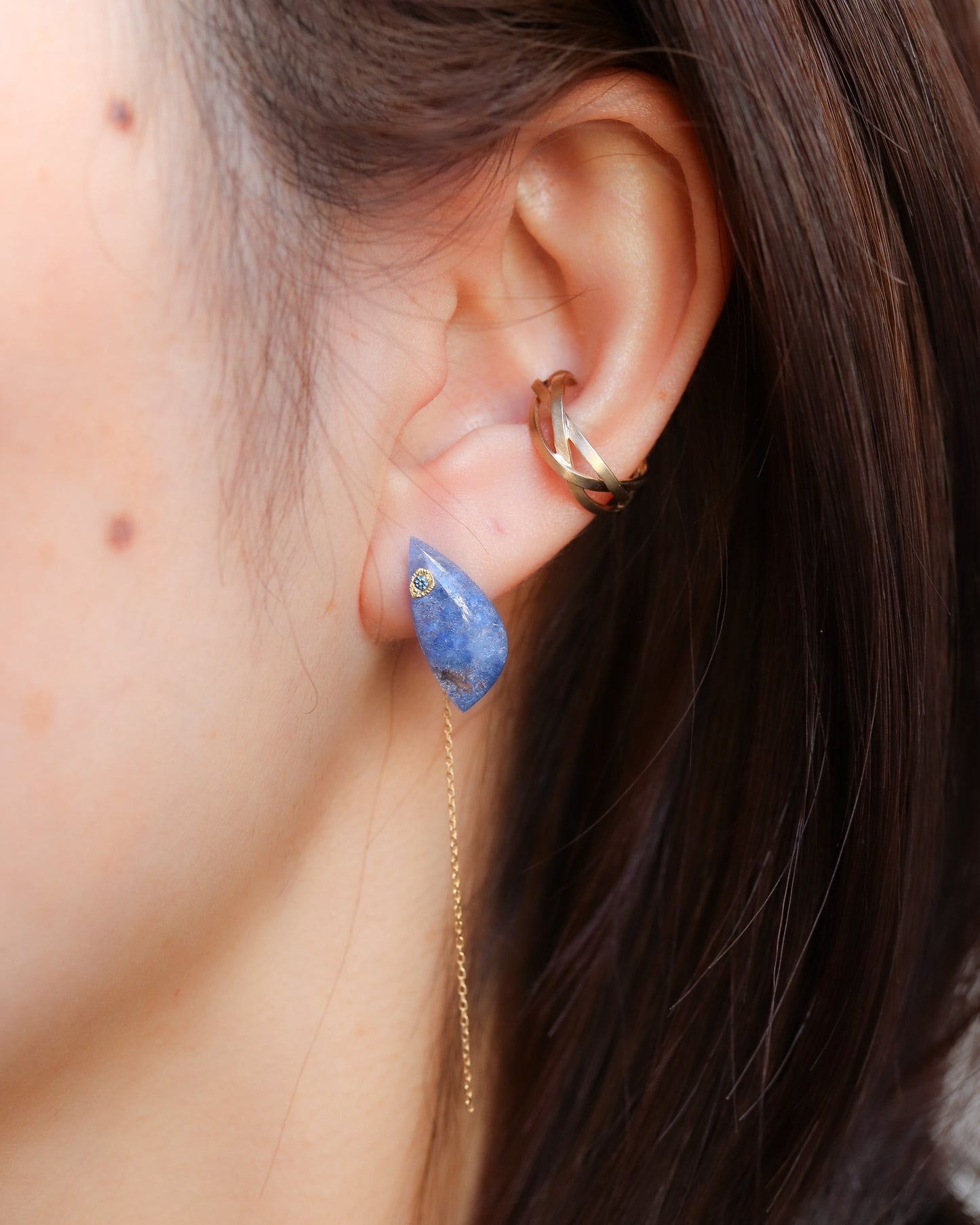 Flat Pierced Earring - Dumortierite in Quartz - 【B】