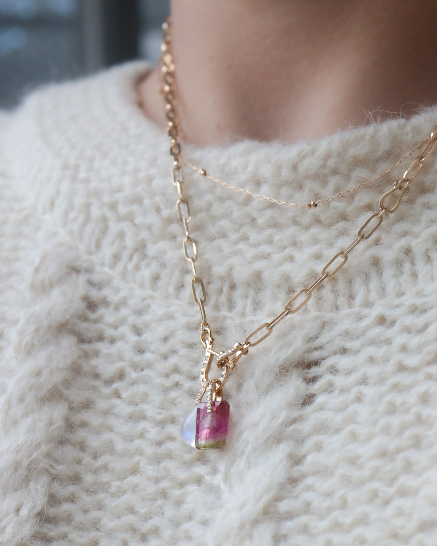 Hibiki Stone Necklace - Rainbow Moon Stone / Diamond -