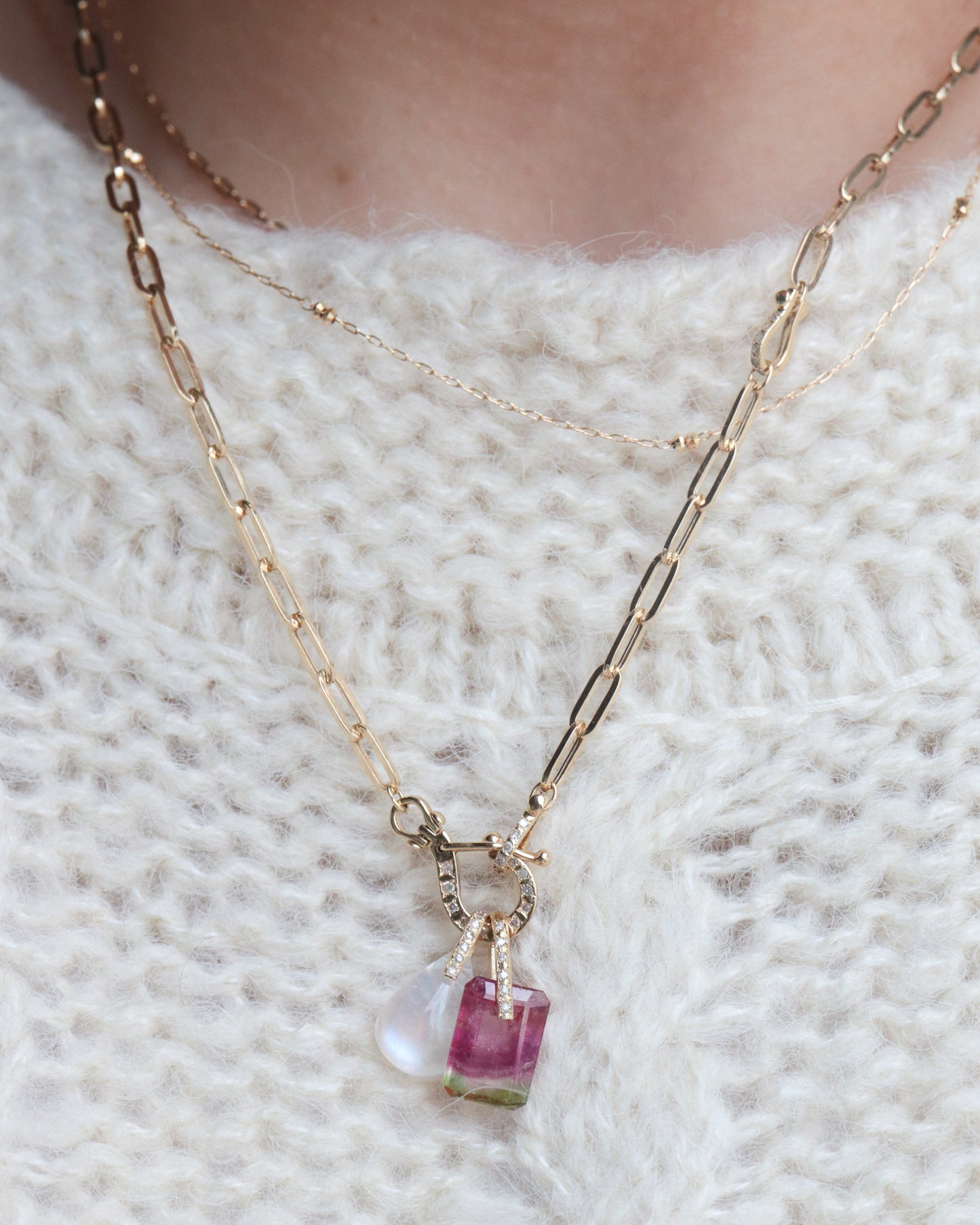 Hibiki Stone Necklace - Rainbow Moon Stone / Diamond -