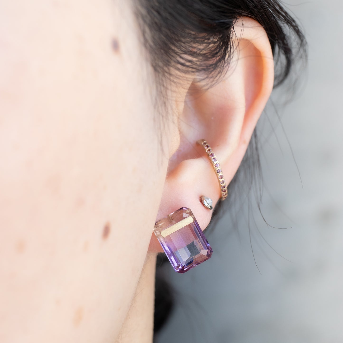 Bar stone Pierced Earring - Ametrine -