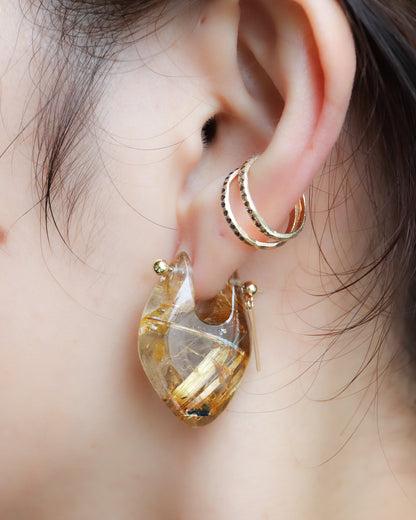 Rock Pierced Earrings - Golden Rutilated Quartz -