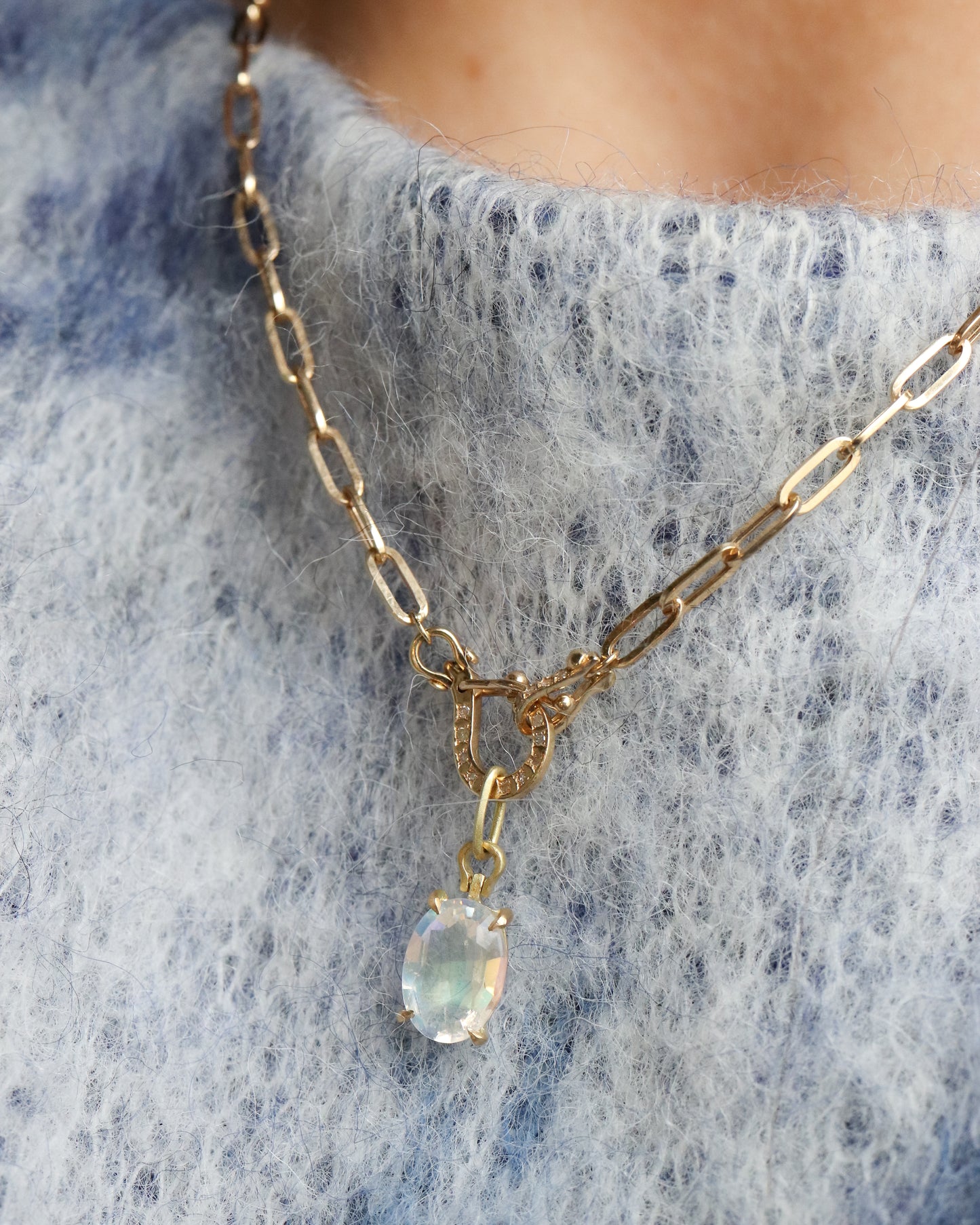 HorseShoe Prong Necklace - Rainbow Moon Stone -