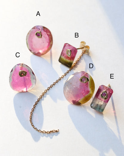 Flat Pierced Earring - Bicolor Tourmaline - A