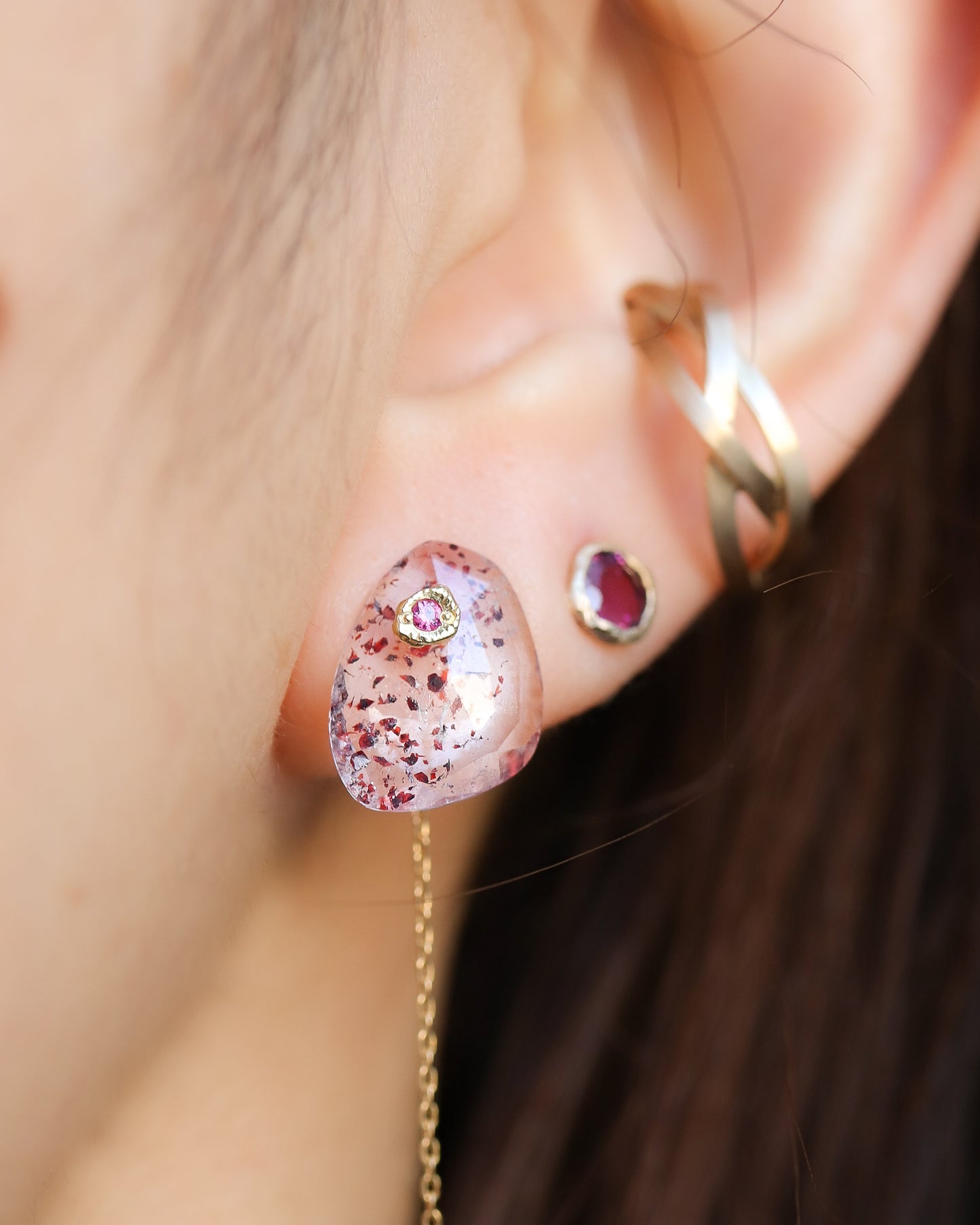 Flat Pierced Earrings - Strawberry Quartz -