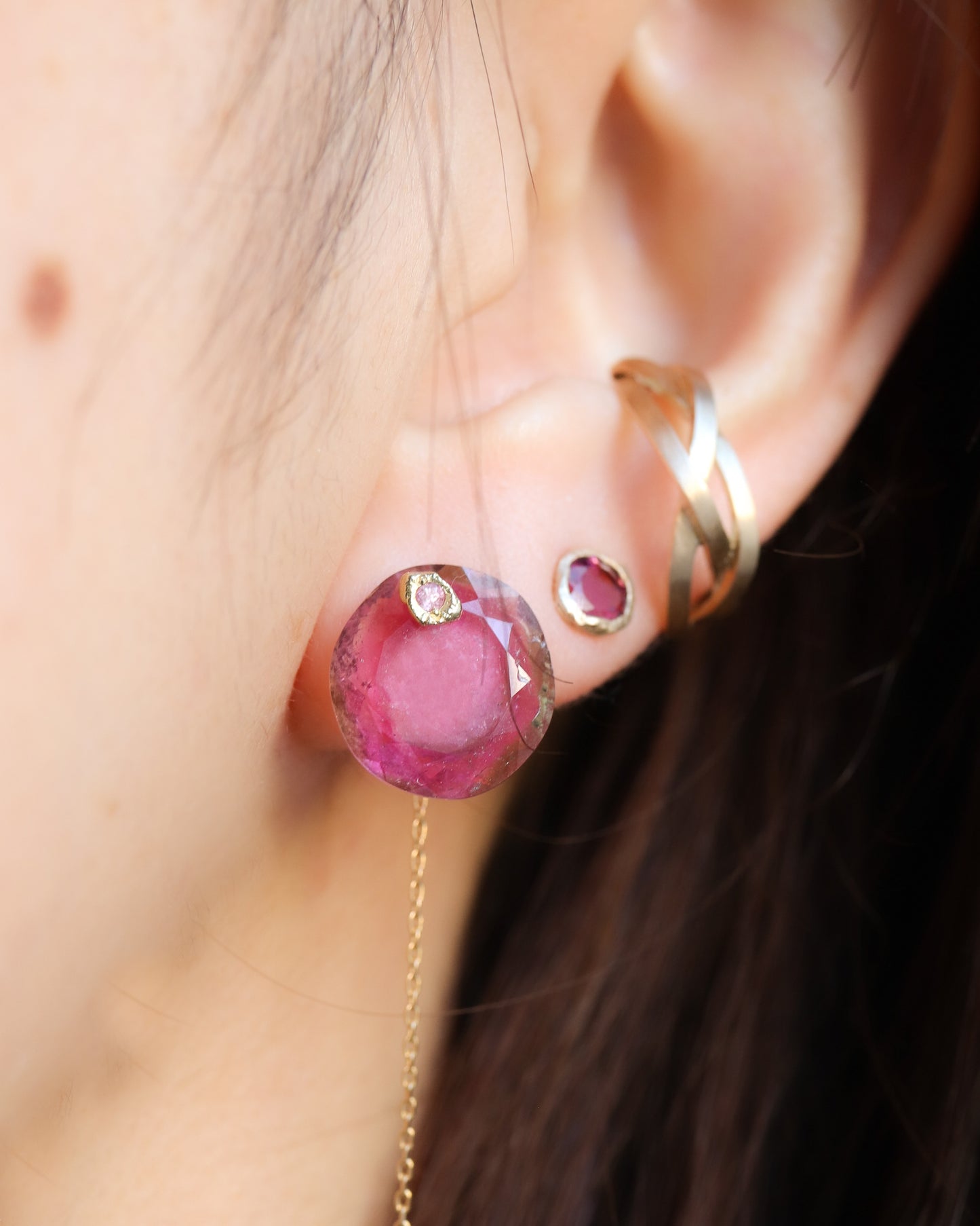 Flat Pierced Earring - Bicolor Tourmaline - A