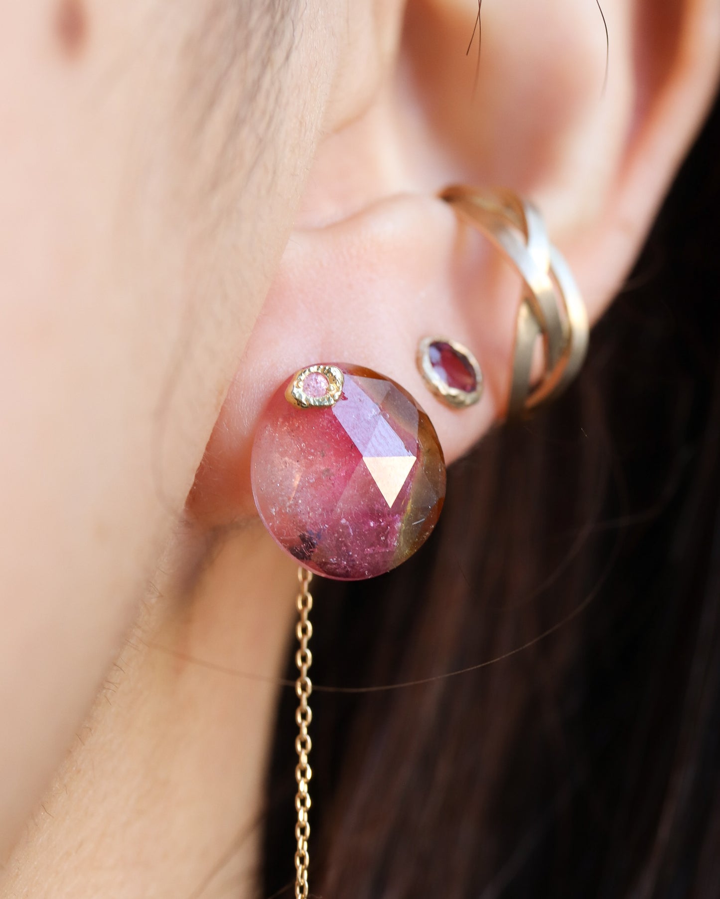 Flat Pierced Earring - Bicolor Tourmaline - D