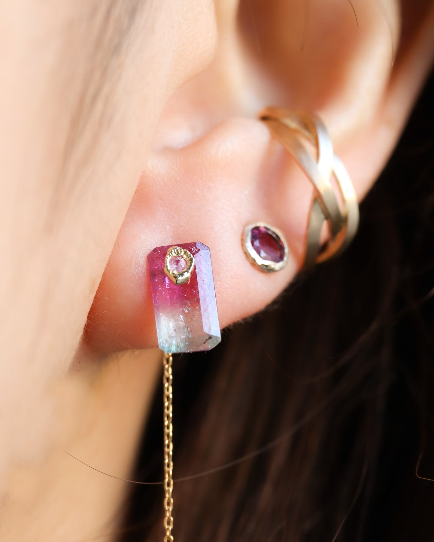 Flat Pierced Earring - Bicolor Tourmaline - E