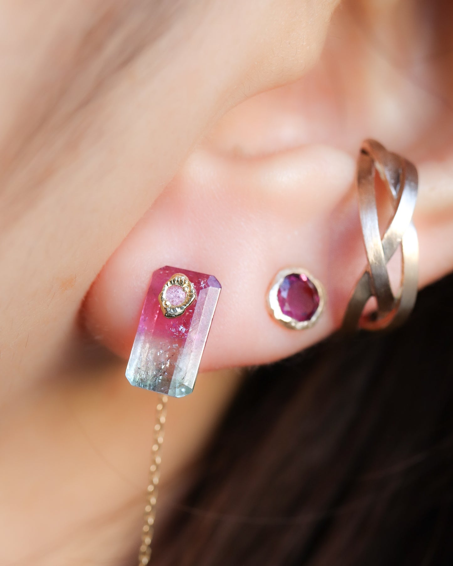 Flat Pierced Earring - Bicolor Tourmaline - E