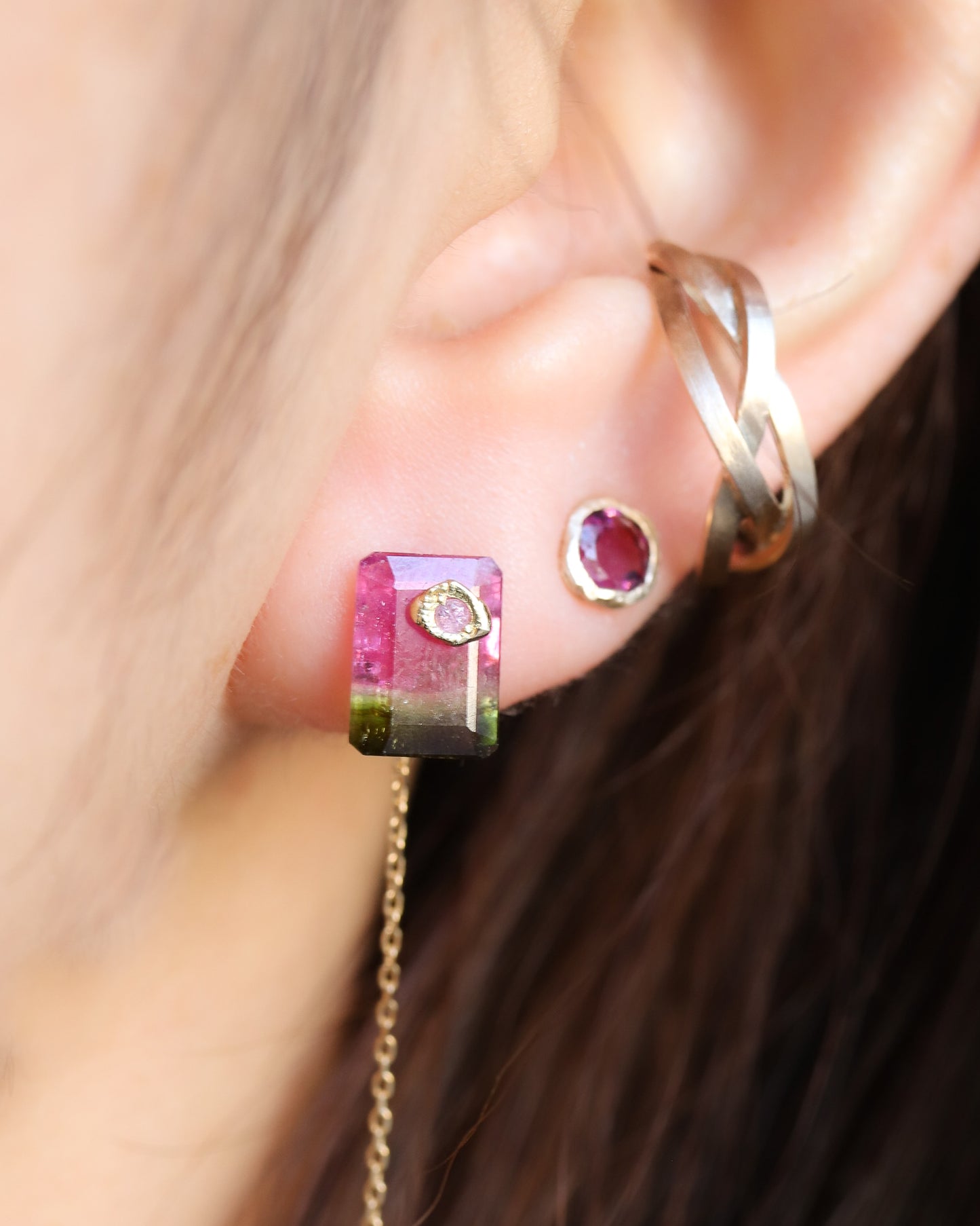 Flat Pierced Earring - Bicolor Tourmaline - B