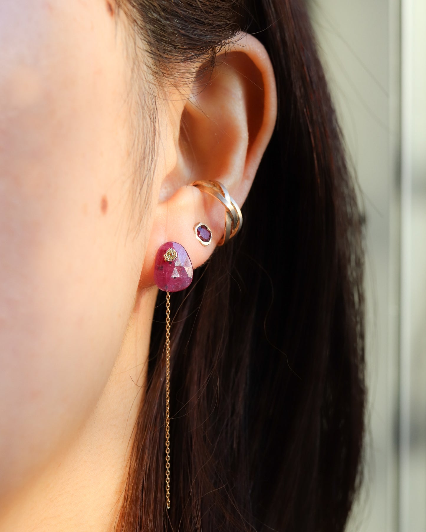 Flat Pierced Earring - Ruby -