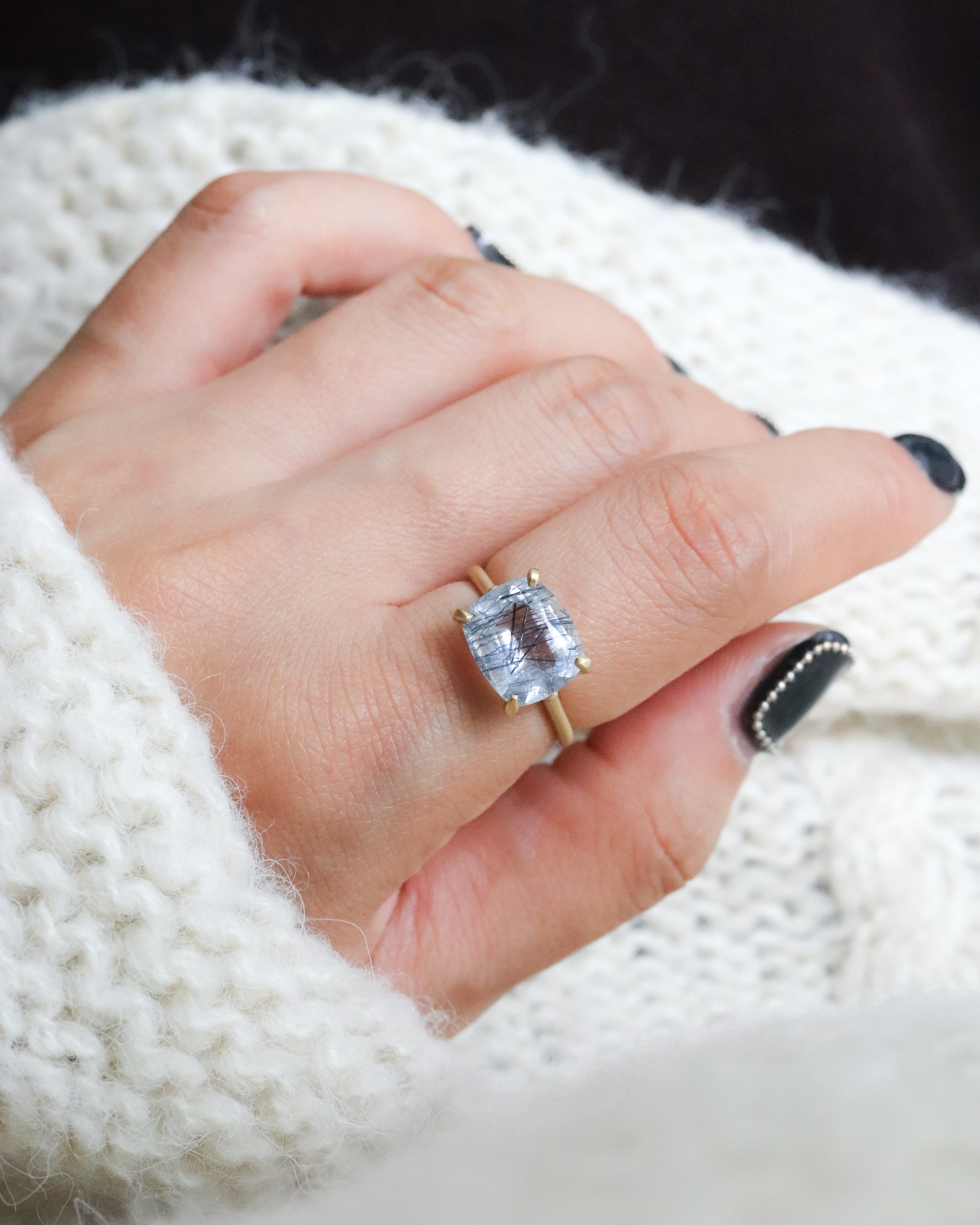 Prong Ring - Blue Tourmaline in Quartz -