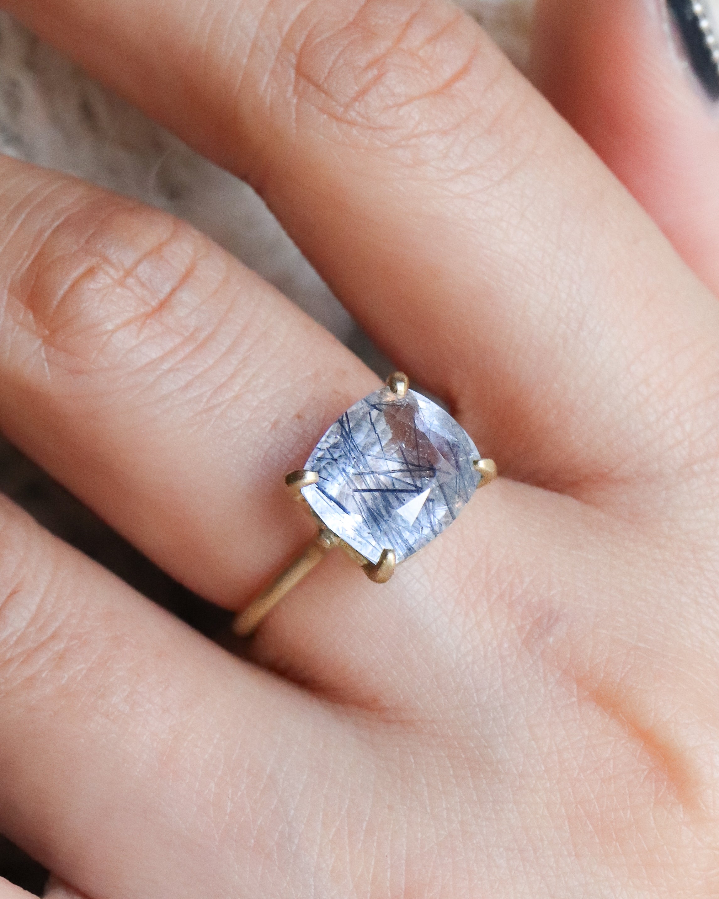 Prong Ring - Blue Tourmaline in Quartz -