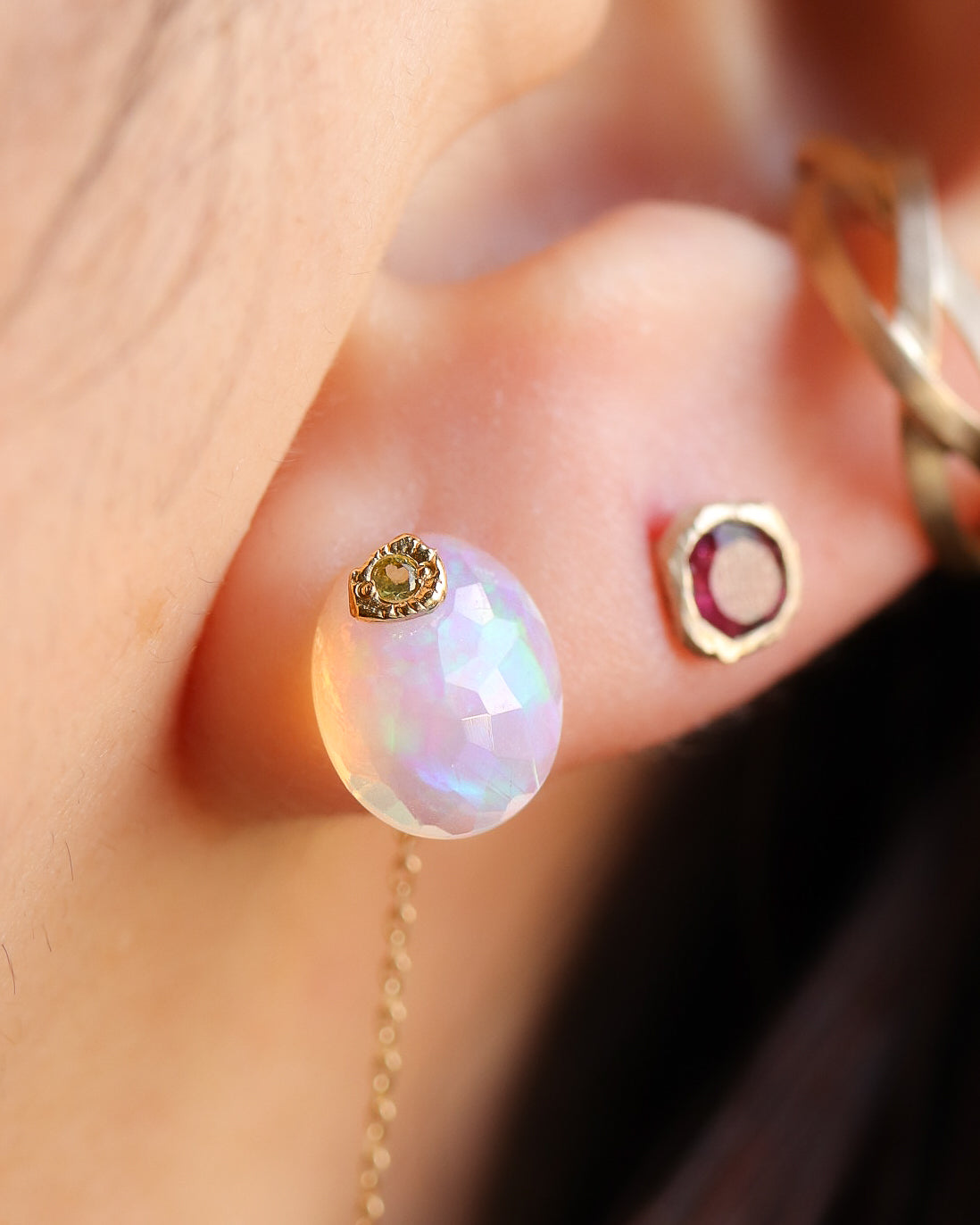 Flat Pierced Earring - Opal - A