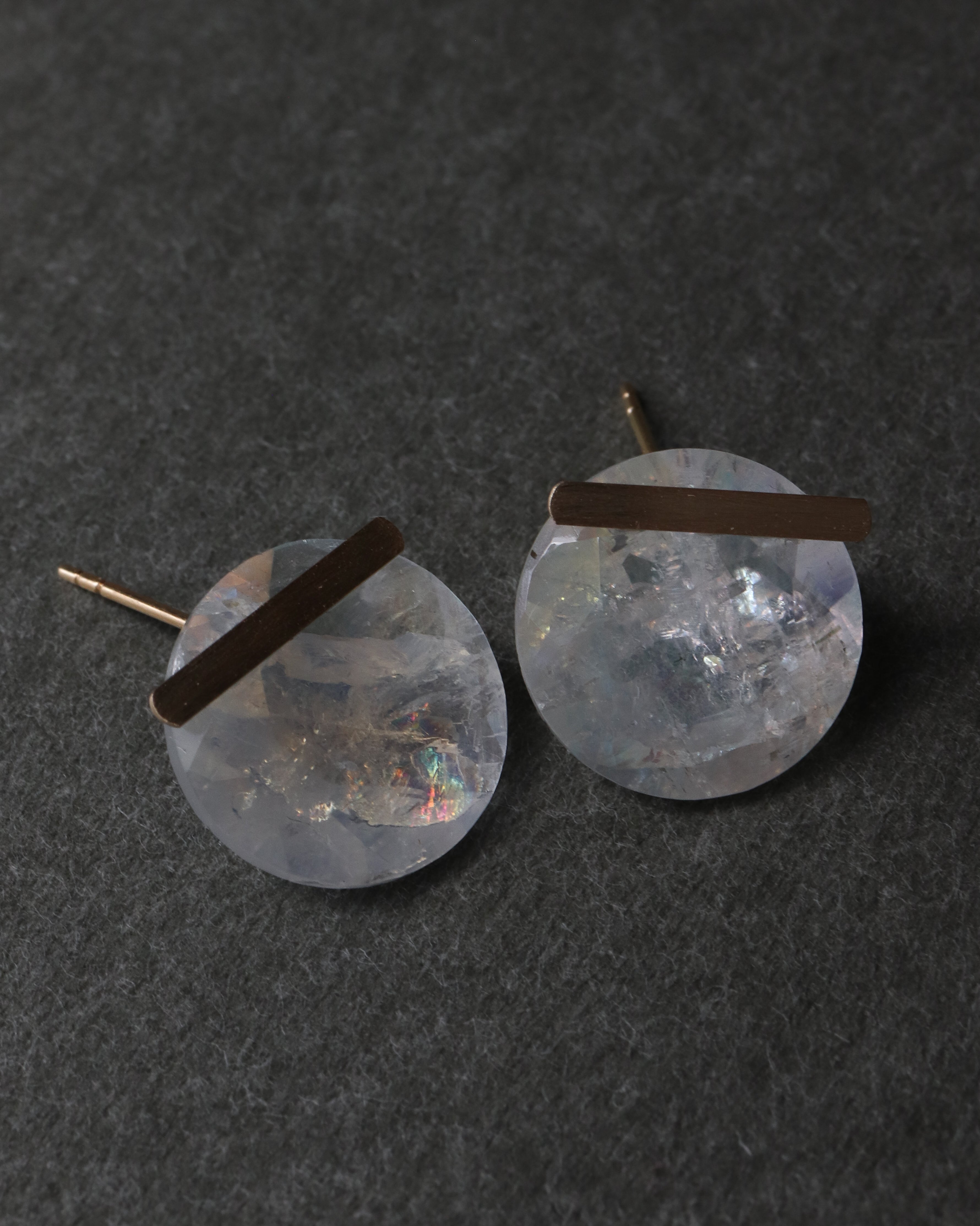 Bar stone Pierced Earring - Rainbow Moon Stone -