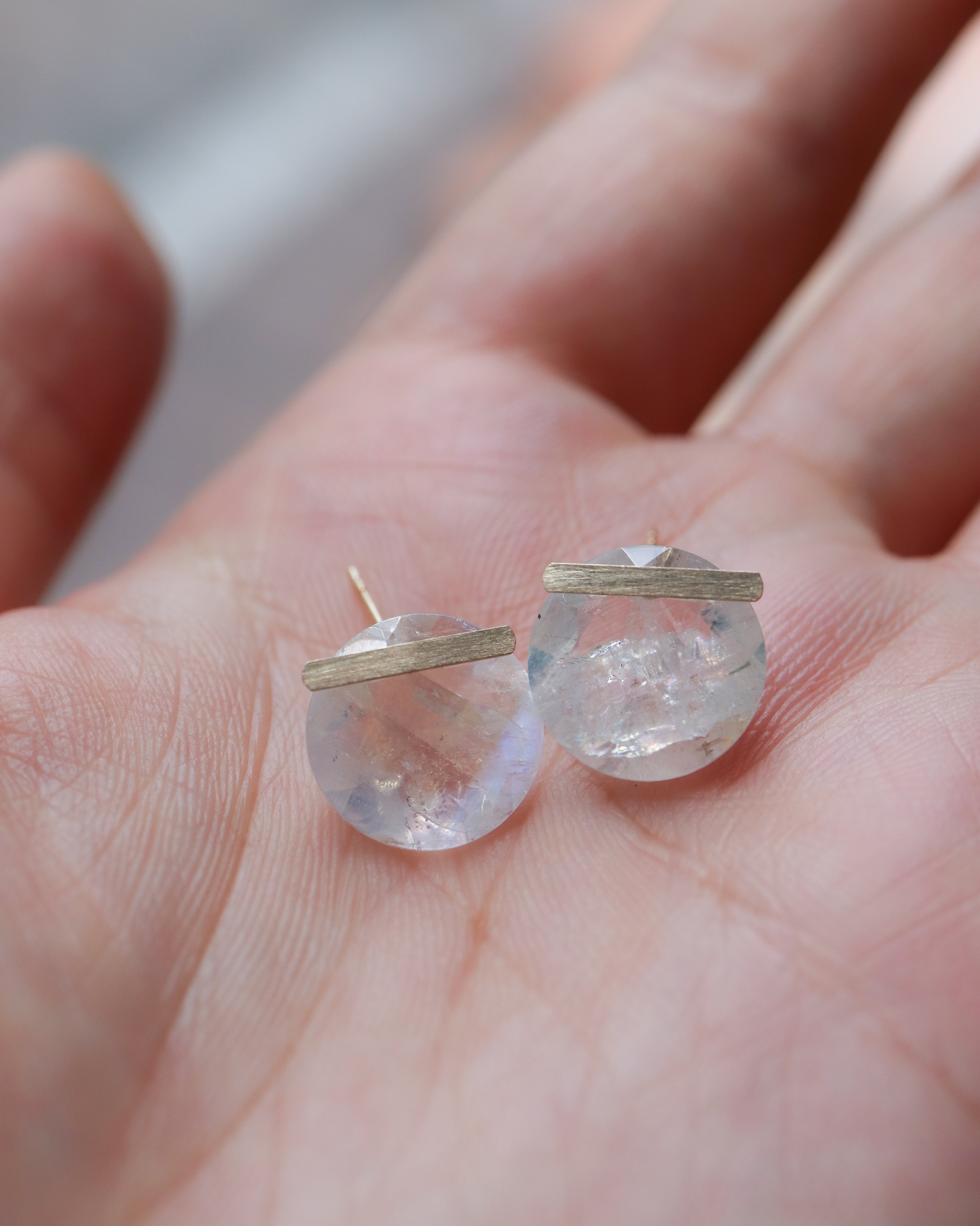 Bar stone Pierced Earring - Rainbow Moon Stone -