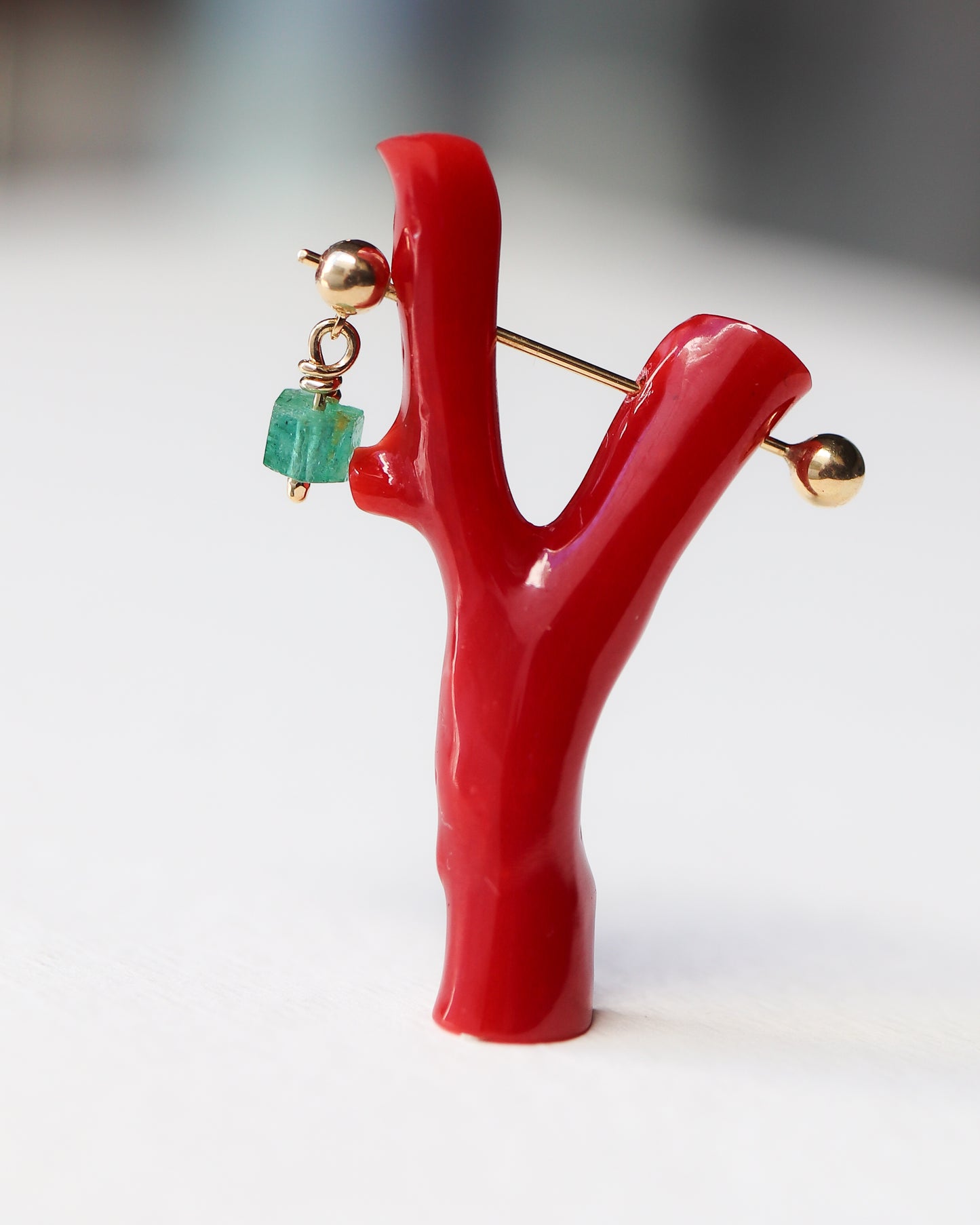 Rock Pierced Earring - Coral / Emerald -
