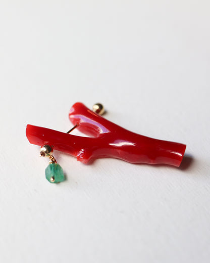 Rock Pierced Earring - Coral / Emerald -
